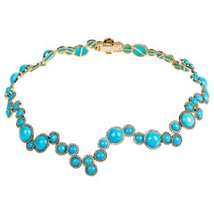 Collier contemporain « Choker » en or jaune avec turquoise et diamants