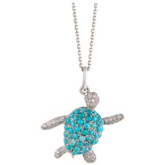 Rosior Collar Colgante "Tortuga" de Turquesa y Diamantes engastado en Oro Blanco
