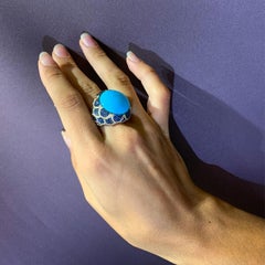 Anello da cocktail con turchese, diamante e zaffiro in oro giallo, unico nel suo genere, Rosior