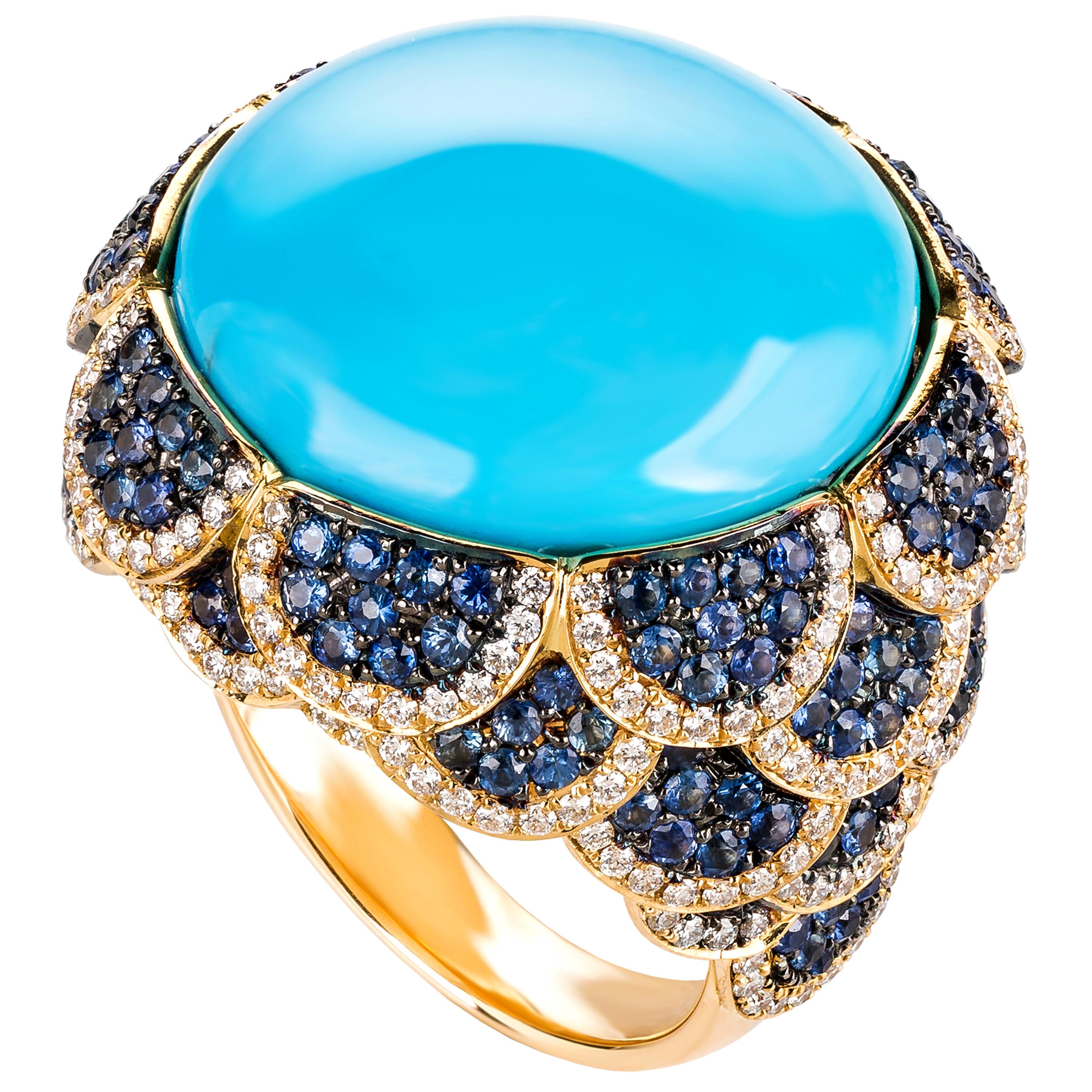 Rosior one-off Turquoise, Diamond and Sapphire Cocktail Ring set in Yellow Gold