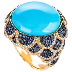 Rosior, bague cocktail unique en or jaune avec turquoise, diamants et saphirs