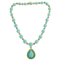 Contemporary 18K Yellow Gold Turquoise Emerald Diamond Necklace, 2026