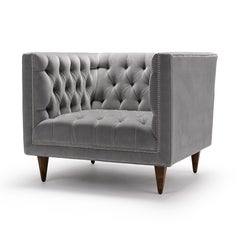 Zeitgenössischer Tux-Stuhl aus Mohair-Samt mit Beinen aus Nussbaum oder Eiche