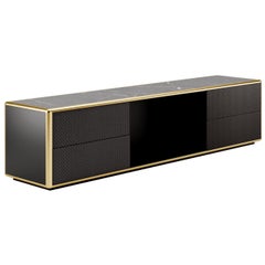 Contemporary Sideboard Black Lacquered Crossed Leather Marble Top and Drawers