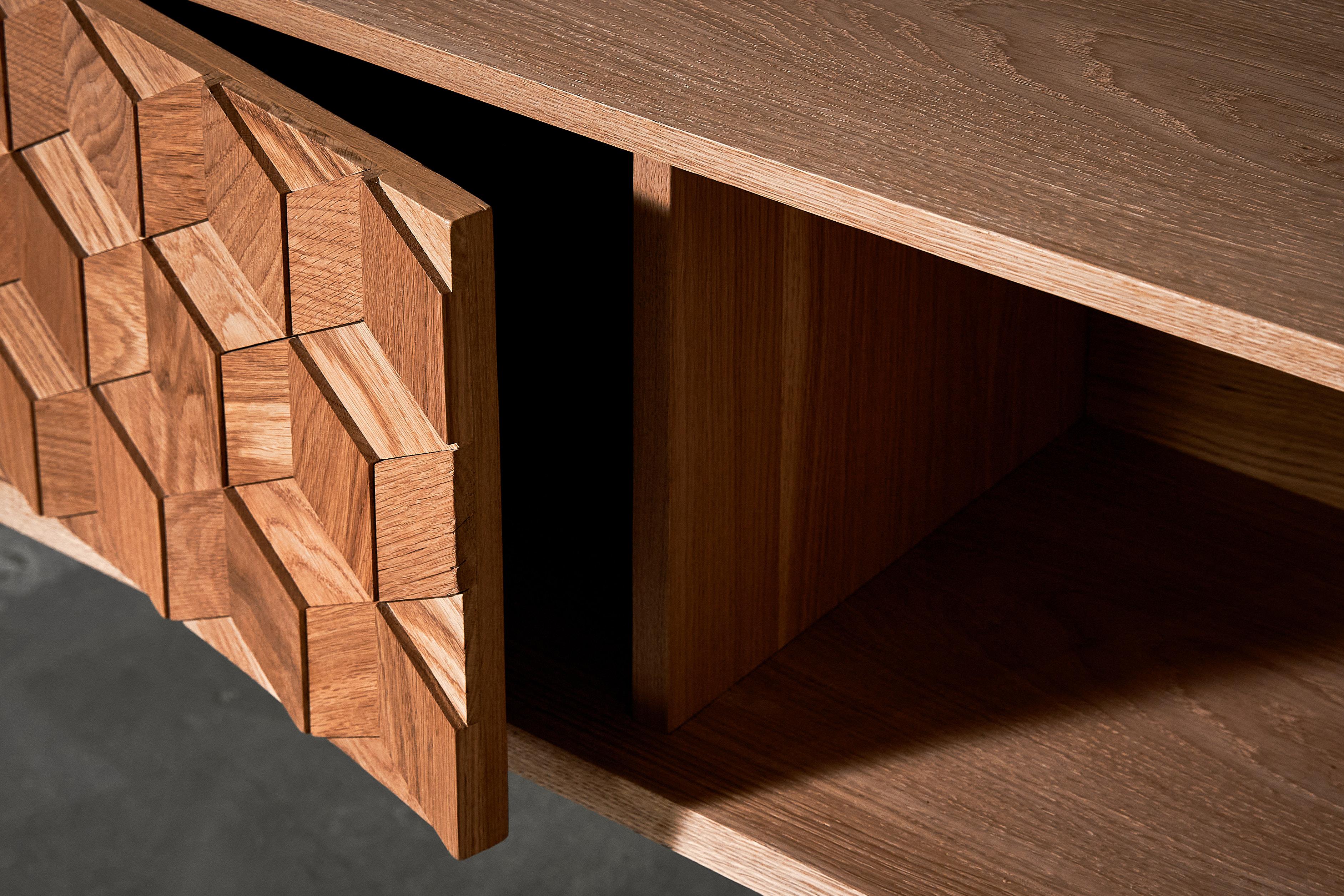 Hand-Carved Contemporary TV Stand in Solid Oak with Hexagon Oak Mosaic + 3D Model For Sale