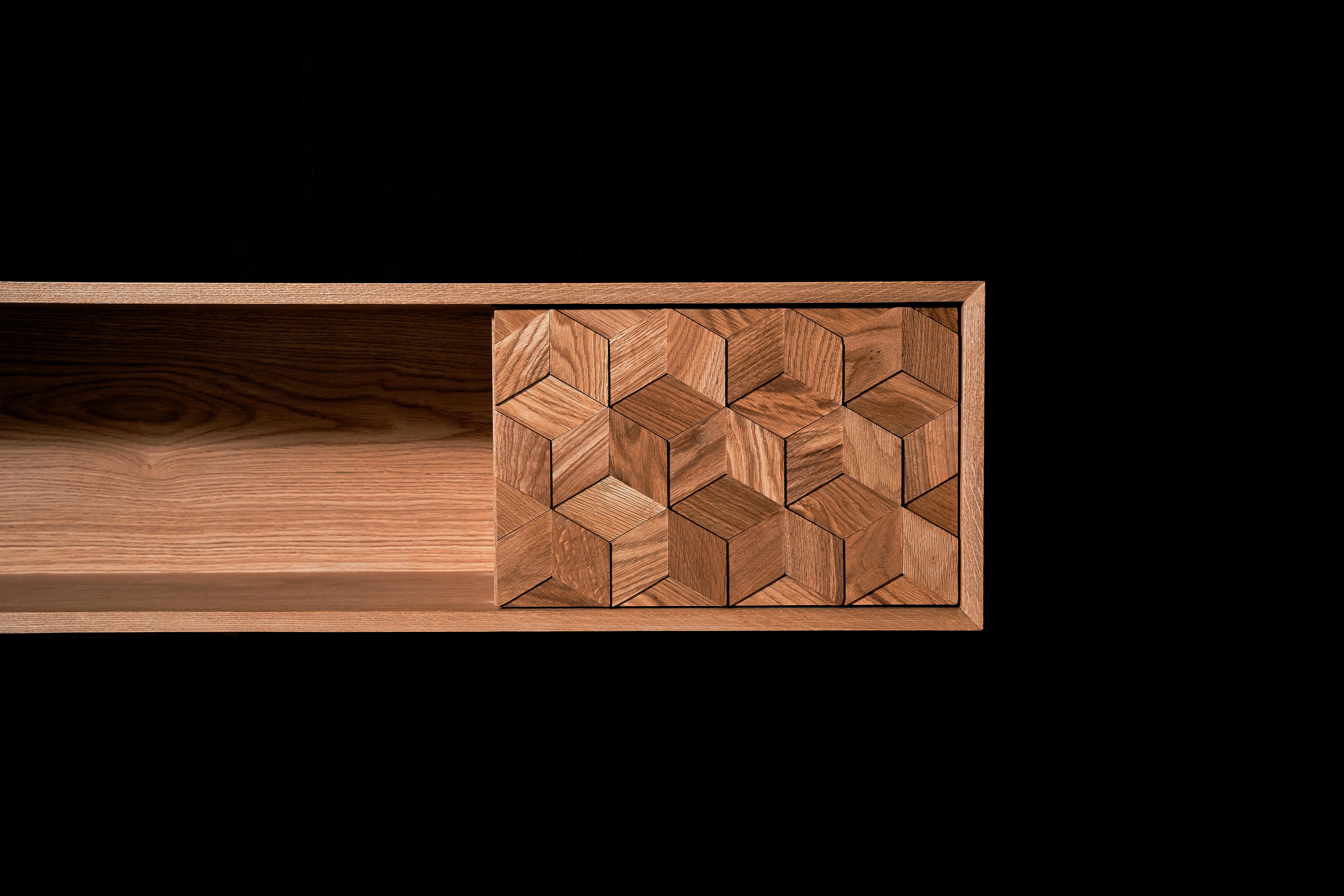 Contemporary TV Stand in Solid Oak with Hexagon Oak Mosaic + 3D Model For Sale 3
