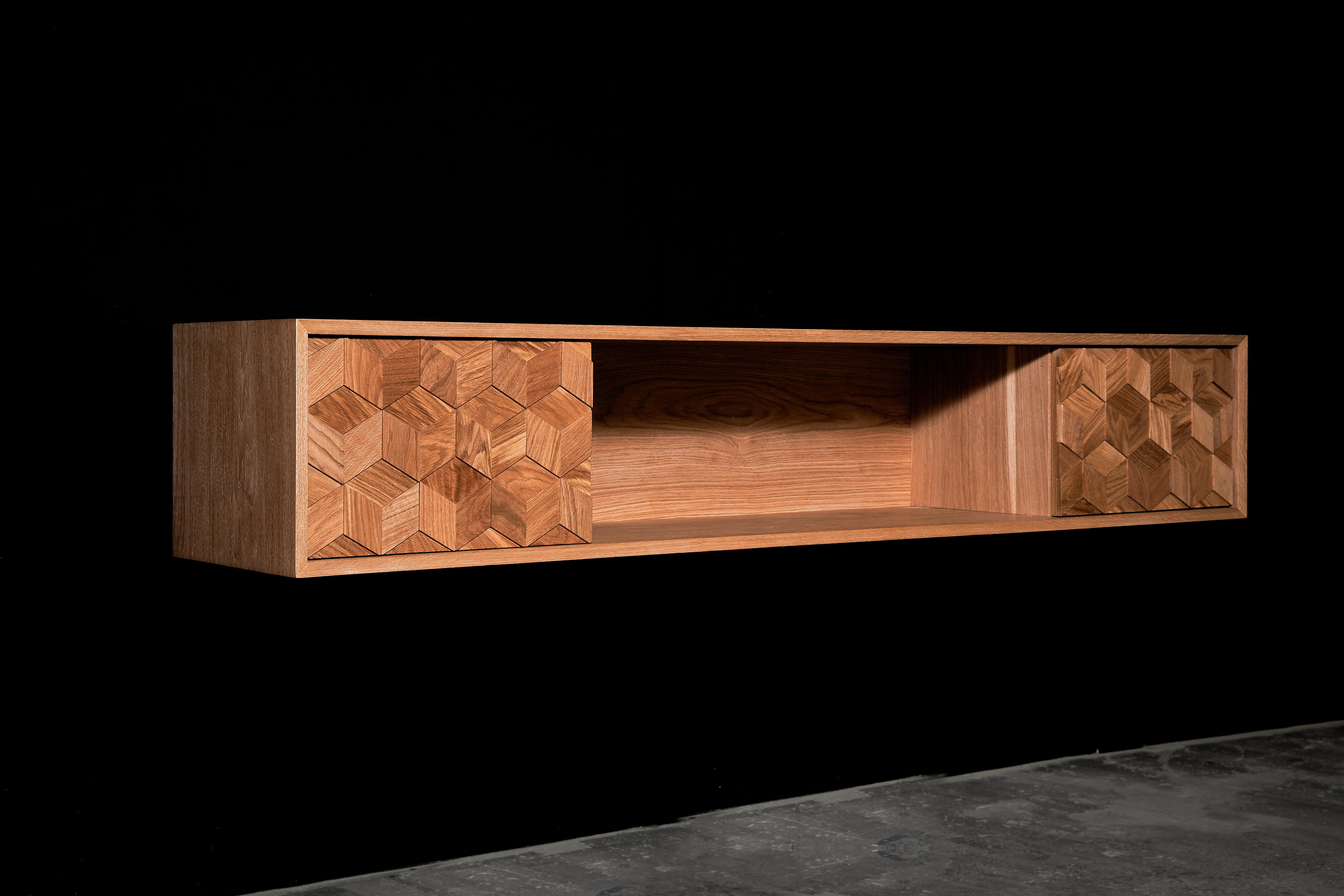Contemporary TV Stand in Solid Oak with Hexagon Oak Mosaic + 3D Model For Sale 4