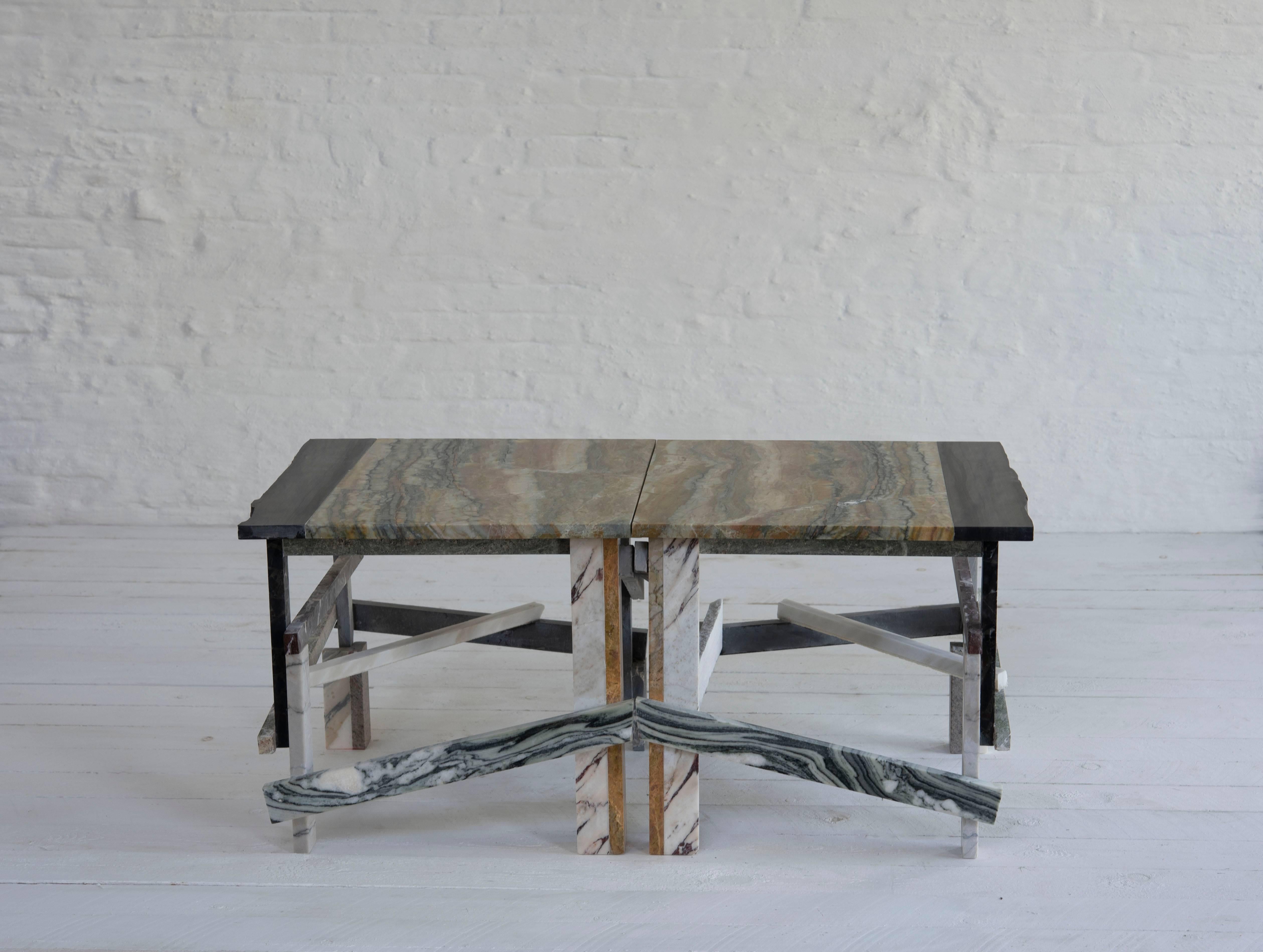 New tables made of marble, granite, limestone, basalt, slate by Belgian duo atelier lachaert dhanis. 

Measures: H 45.5, W 53, D 51 CM (each)
H 18’’, W 20.9’’, D 20.1’’ (each).