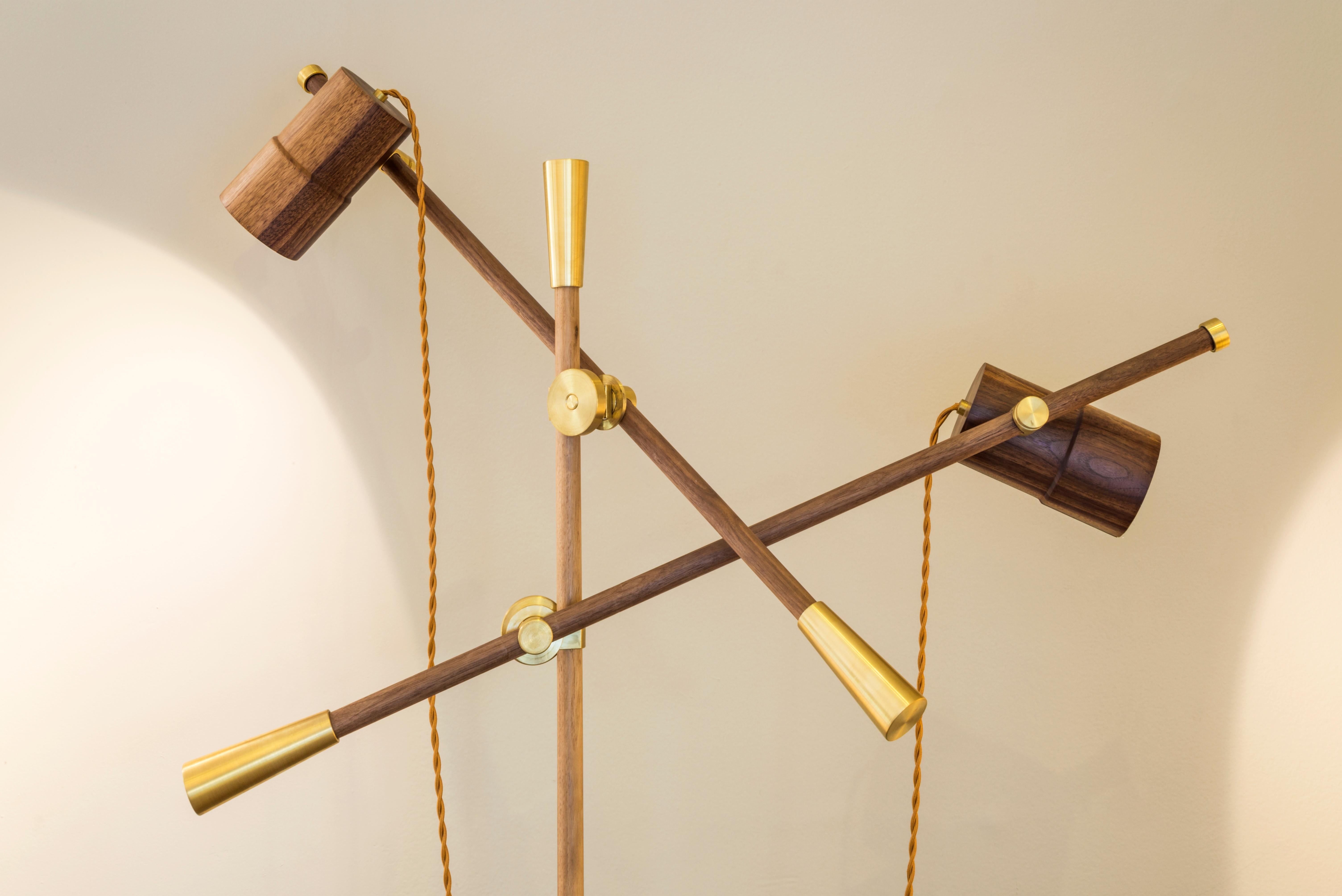 Mexican Contemporary Two-+Arms Floor Lamp-Felina II, Solid Brass and Walnut For Sale
