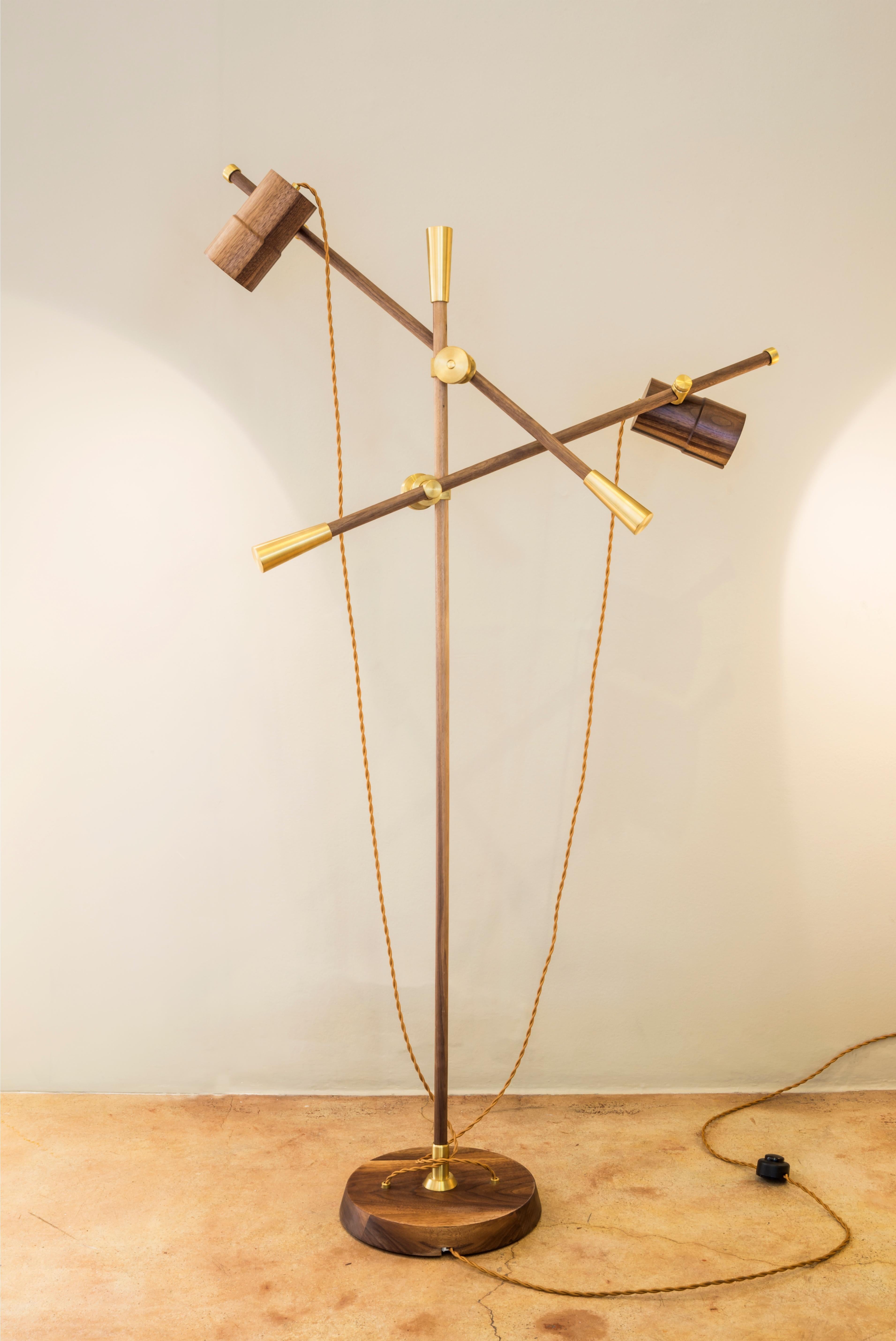 Metalwork Contemporary Two-+Arms Floor Lamp-Felina II, Solid Brass and Walnut For Sale