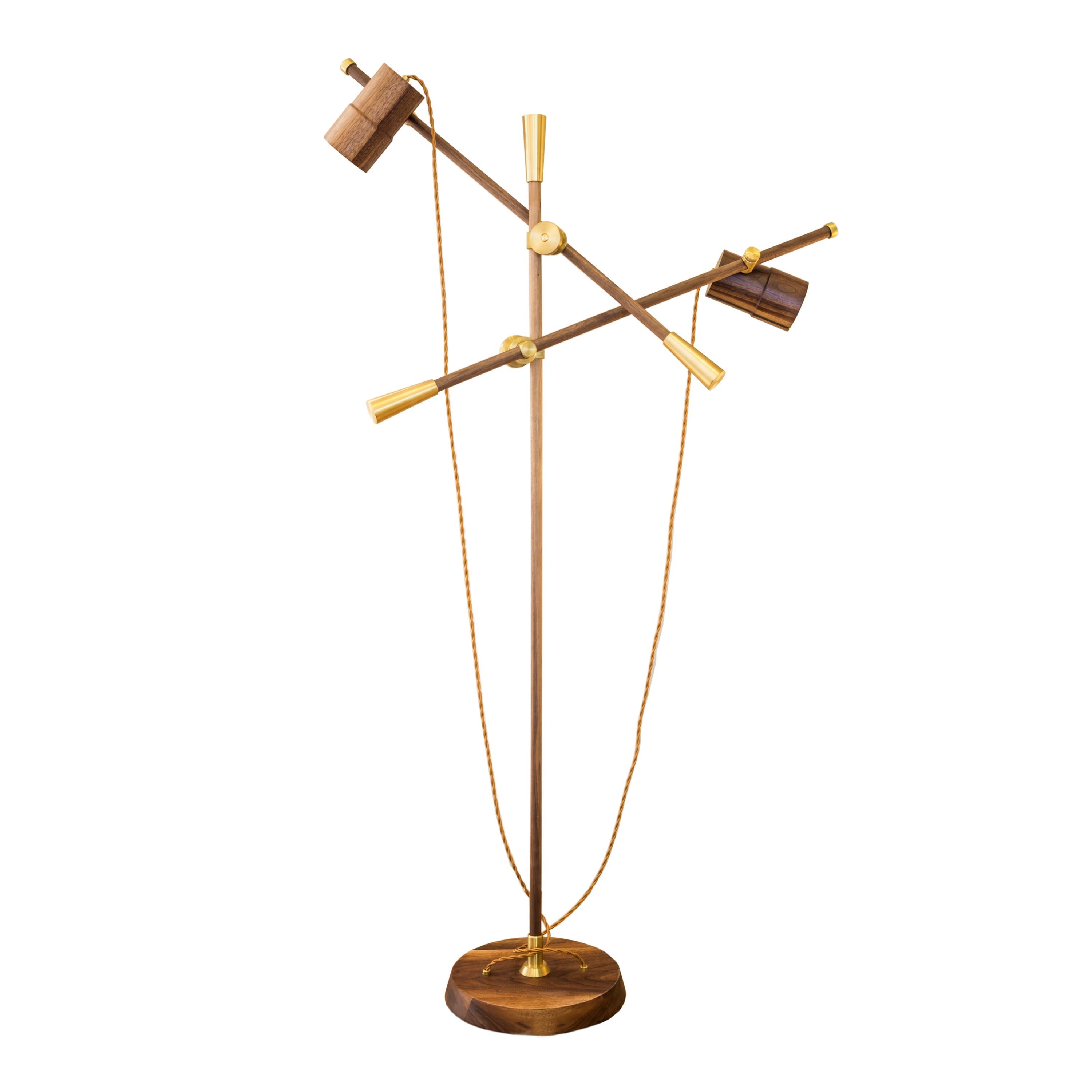 Contemporary Two-+Arms Floor Lamp-Felina II, Solid Brass and Walnut For Sale