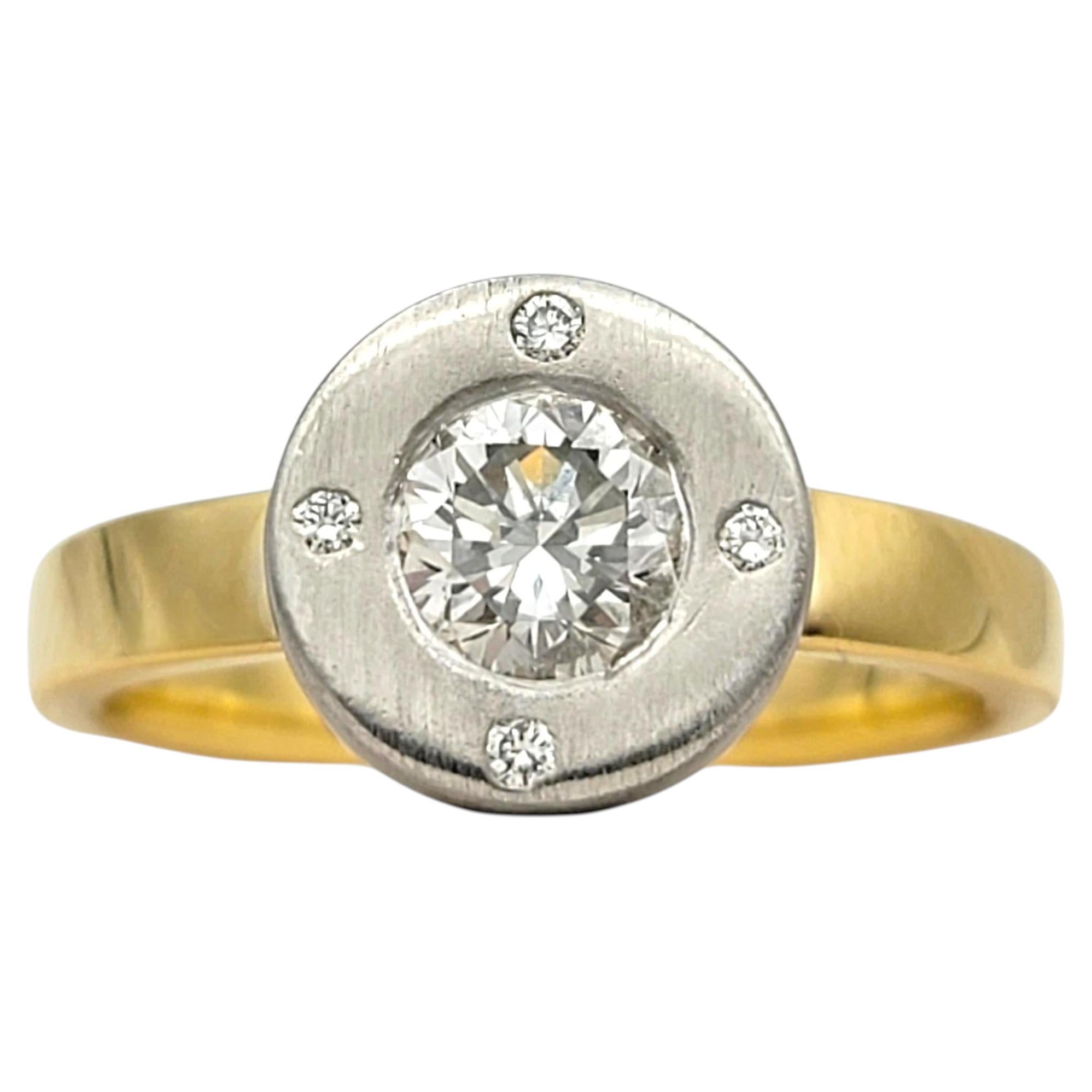 Contemporary Two Tone Round Diamond Ring in Brushed 18 Karat Gold & Platinum
