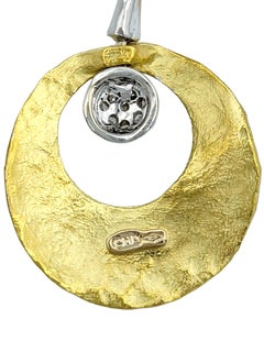 Contemporary Two-Toned 18 Karat Gold Textured Circle Drop Earrings with Diamonds