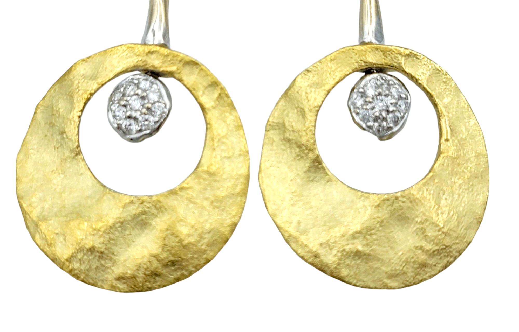Round Cut Contemporary Two-Toned 18 Karat Gold Textured Circle Drop Earrings with Diamonds For Sale
