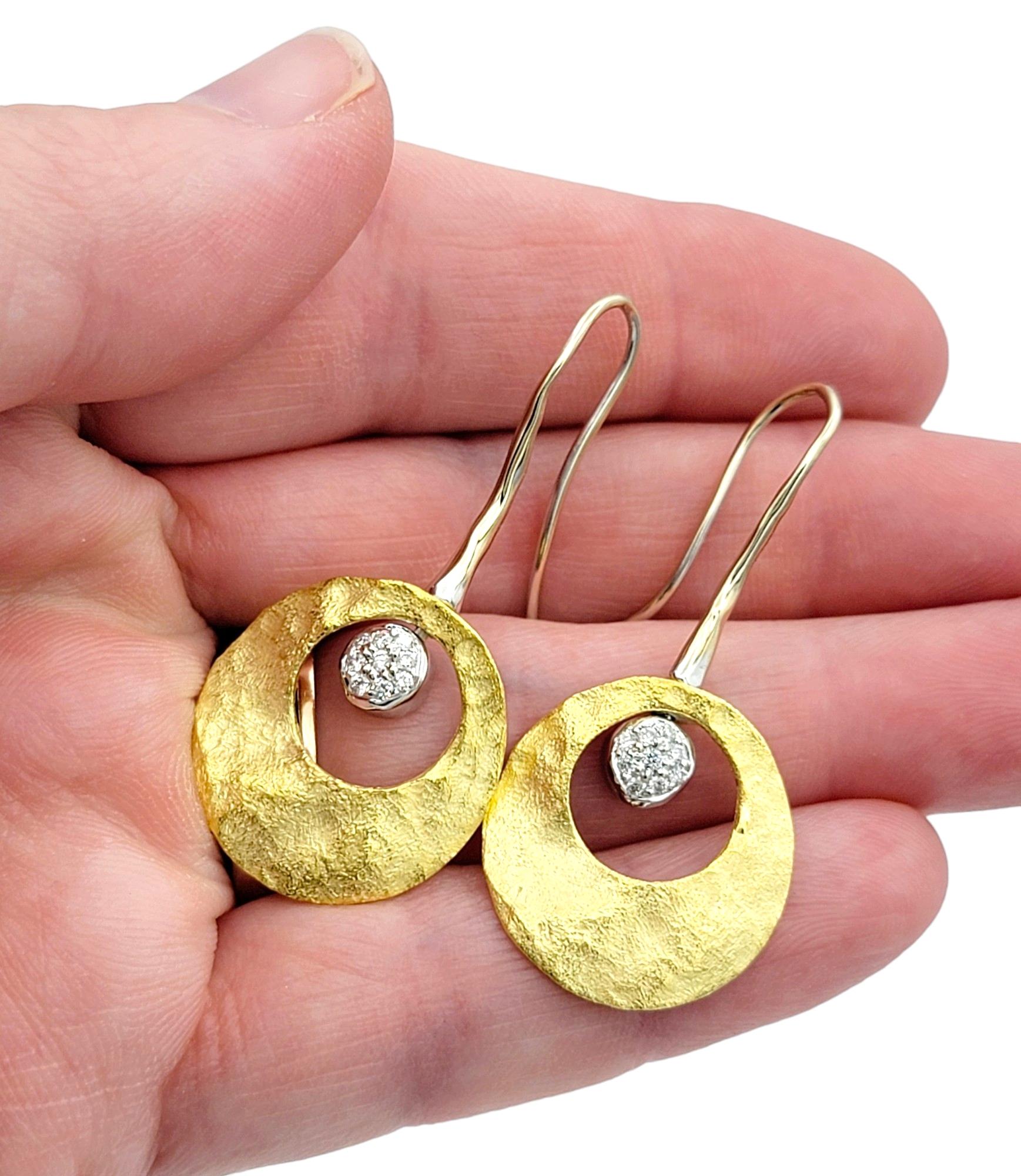 Women's Contemporary Two-Toned 18 Karat Gold Textured Circle Drop Earrings with Diamonds For Sale