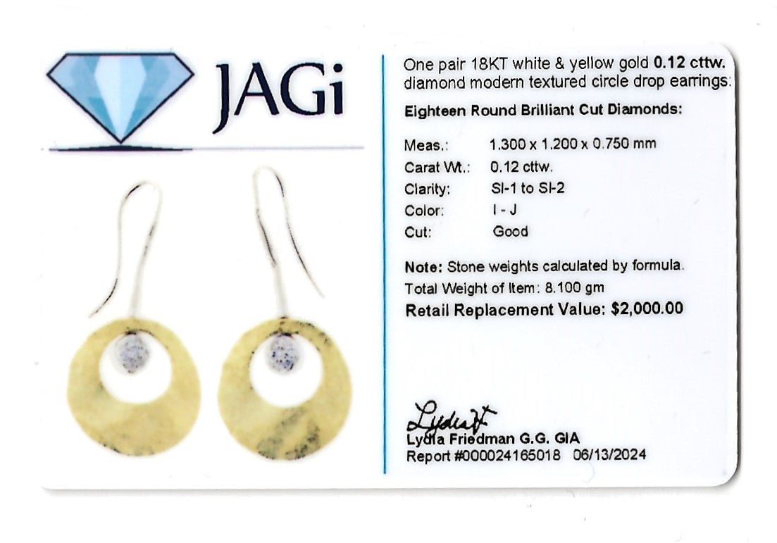 Contemporary Two-Toned 18 Karat Gold Textured Circle Drop Earrings with Diamonds For Sale 1