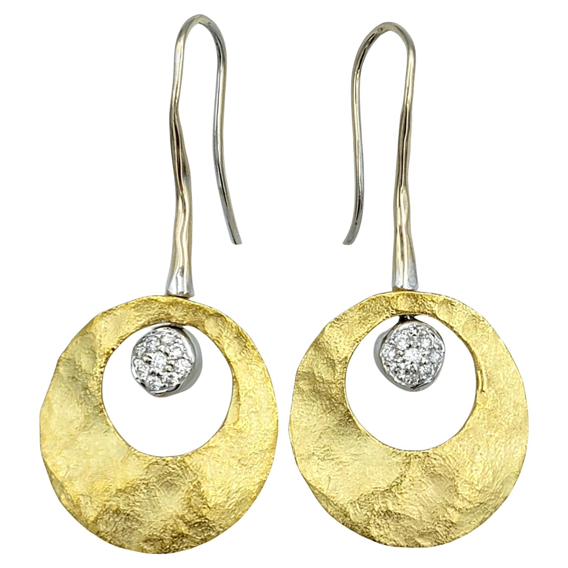Contemporary Two-Toned 18 Karat Gold Textured Circle Drop Earrings with Diamonds For Sale