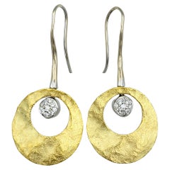 Contemporary Two-Toned 18 Karat Gold Textured Circle Drop Earrings with Diamonds