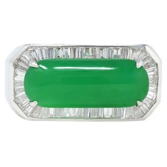 Contemporary Type A Jadeite Jade Diamond 18 Karat White Gold Halo Ring GIA