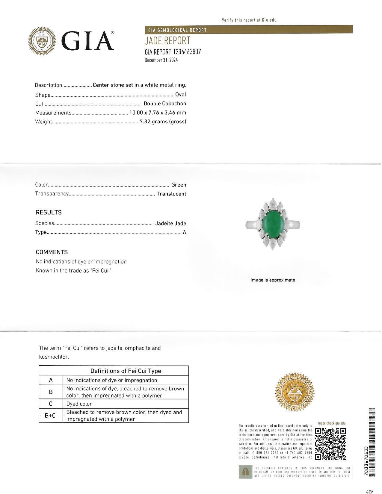 Contemporary Type A Jadeite Jade Fei Cui Diamond Platinum Halo Ring GIA For Sale 7