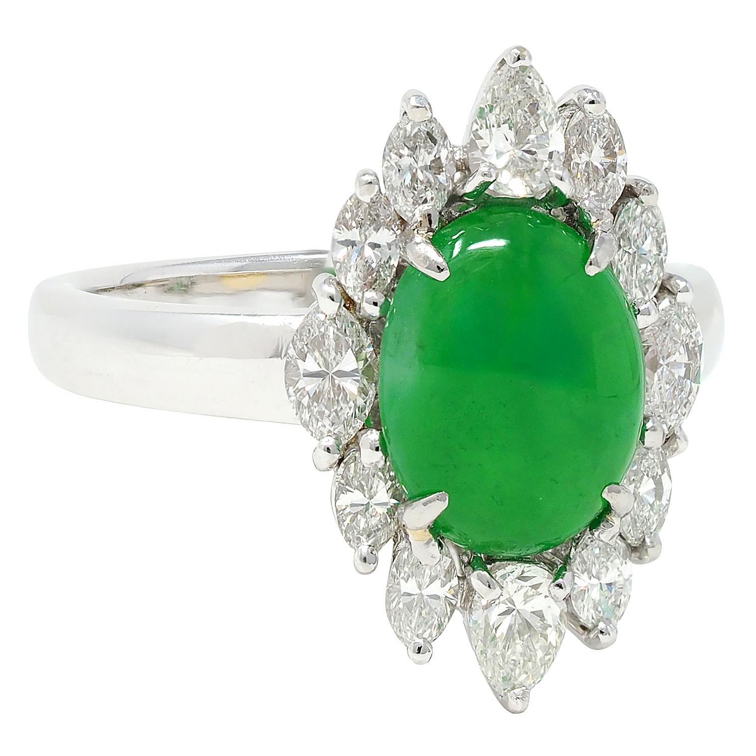 Oval Cut Contemporary Type A Jadeite Jade Fei Cui Diamond Platinum Halo Ring GIA For Sale