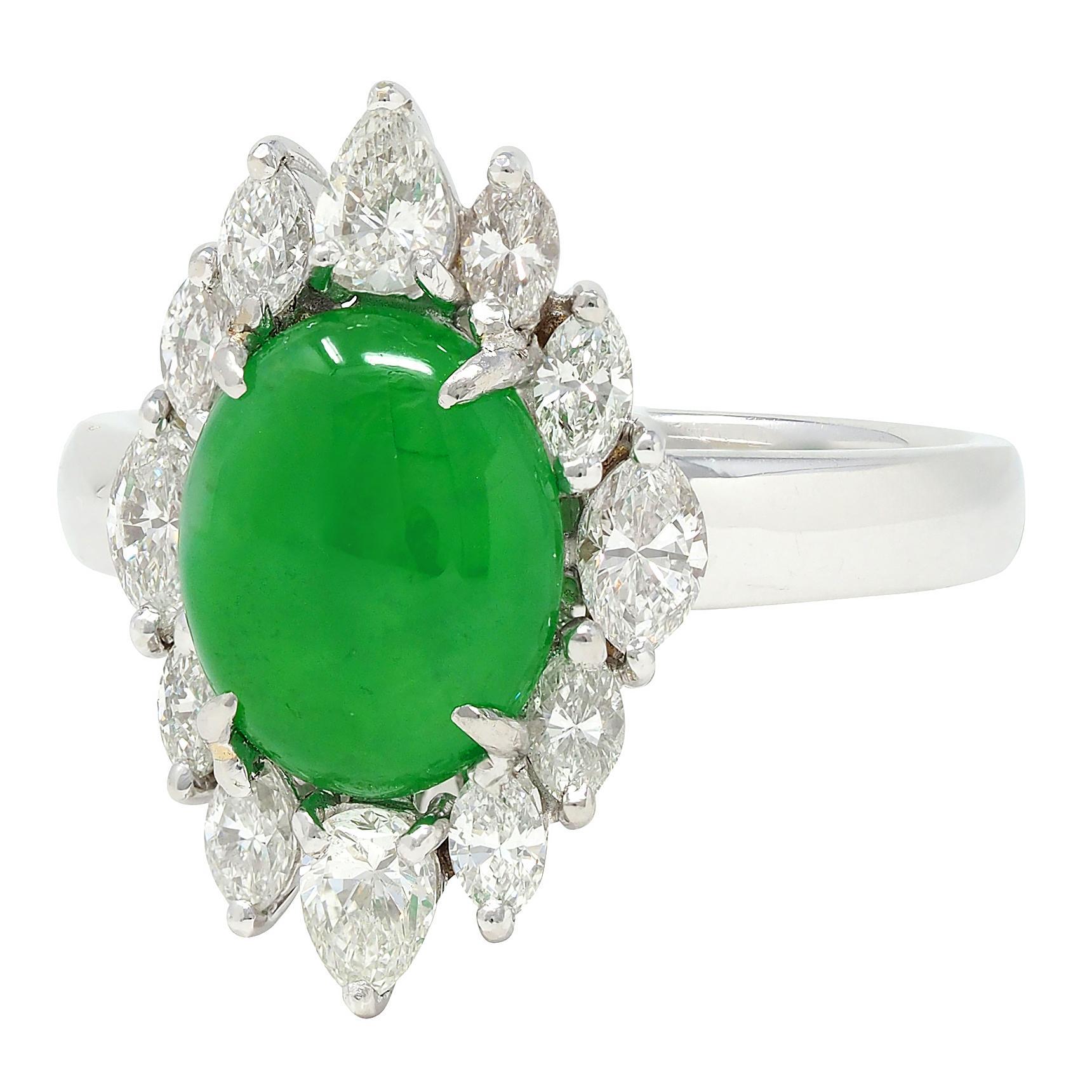 Contemporary Type A Jadeite Jade Fei Cui Diamond Platinum Halo Ring GIA For Sale 2