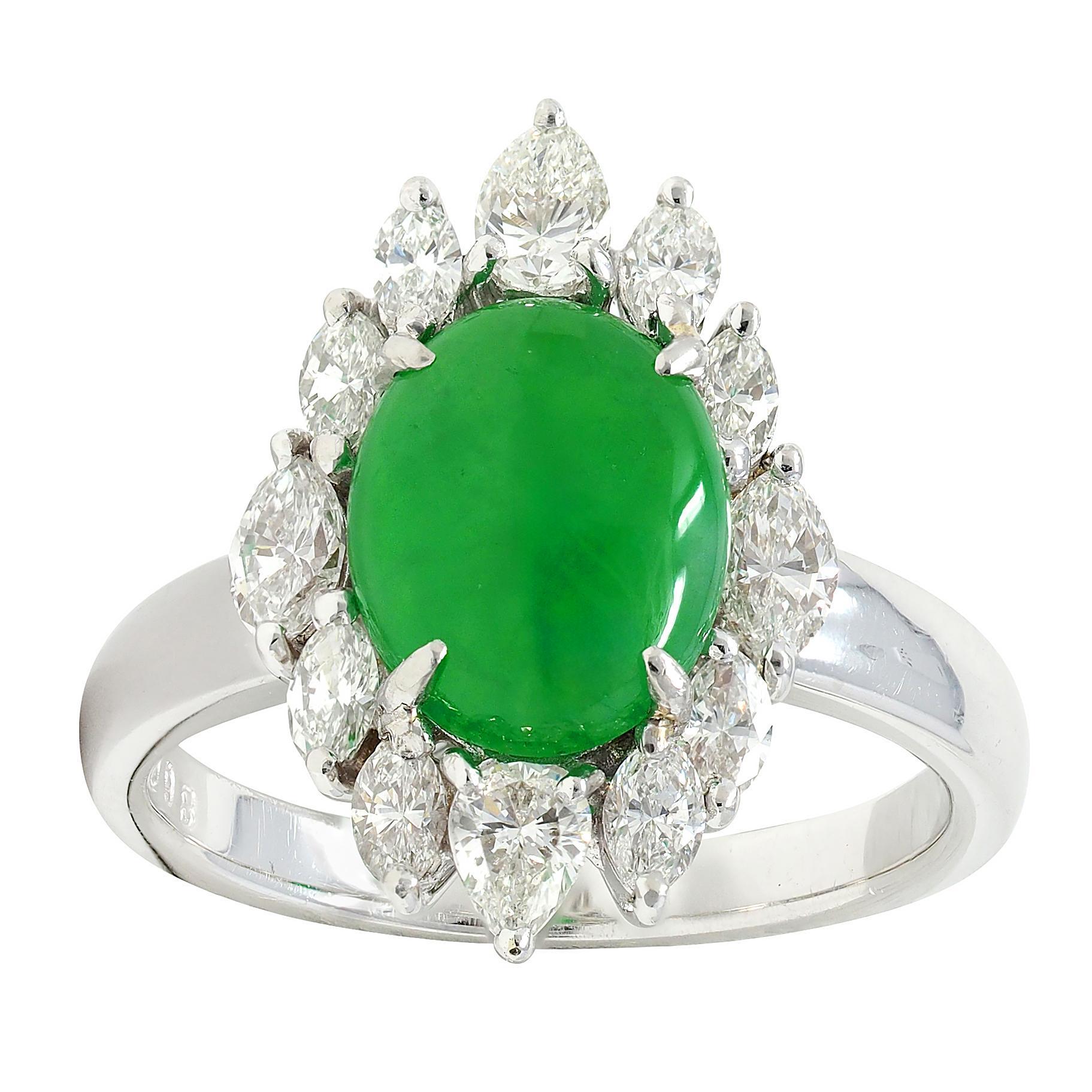 Contemporary Type A Jadeite Jade Fei Cui Diamond Platinum Halo Ring GIA For Sale 3