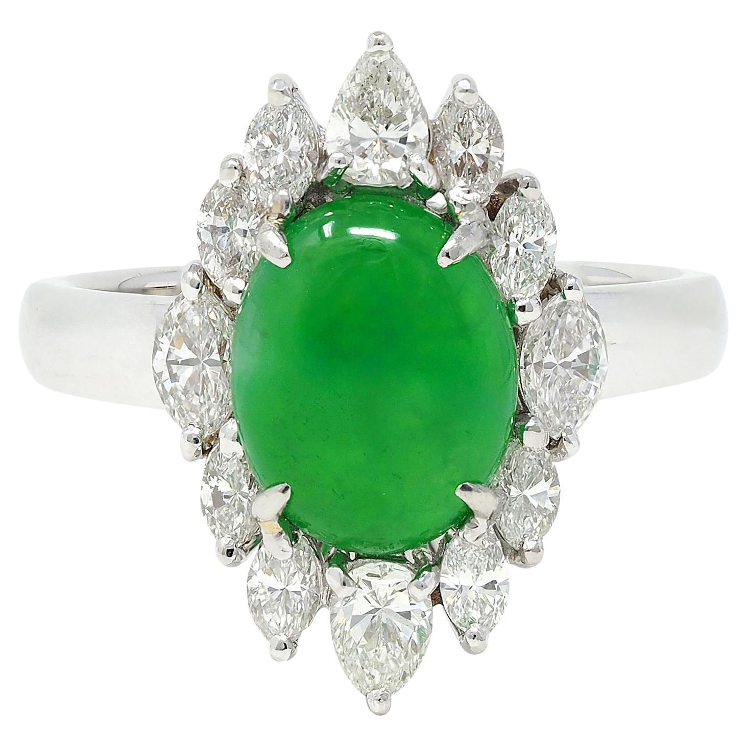 Contemporary Type A Jadeite Jade Fei Cui Diamond Platinum Halo Ring GIA
