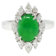 Contemporary Type A Jadeite Jade Fei Cui Diamond Platinum Halo Ring GIA