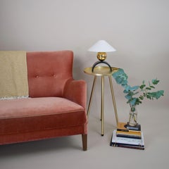 Contemporary U Lamp with Geometric Arched Steel, Brass Sphere and Linen Shade