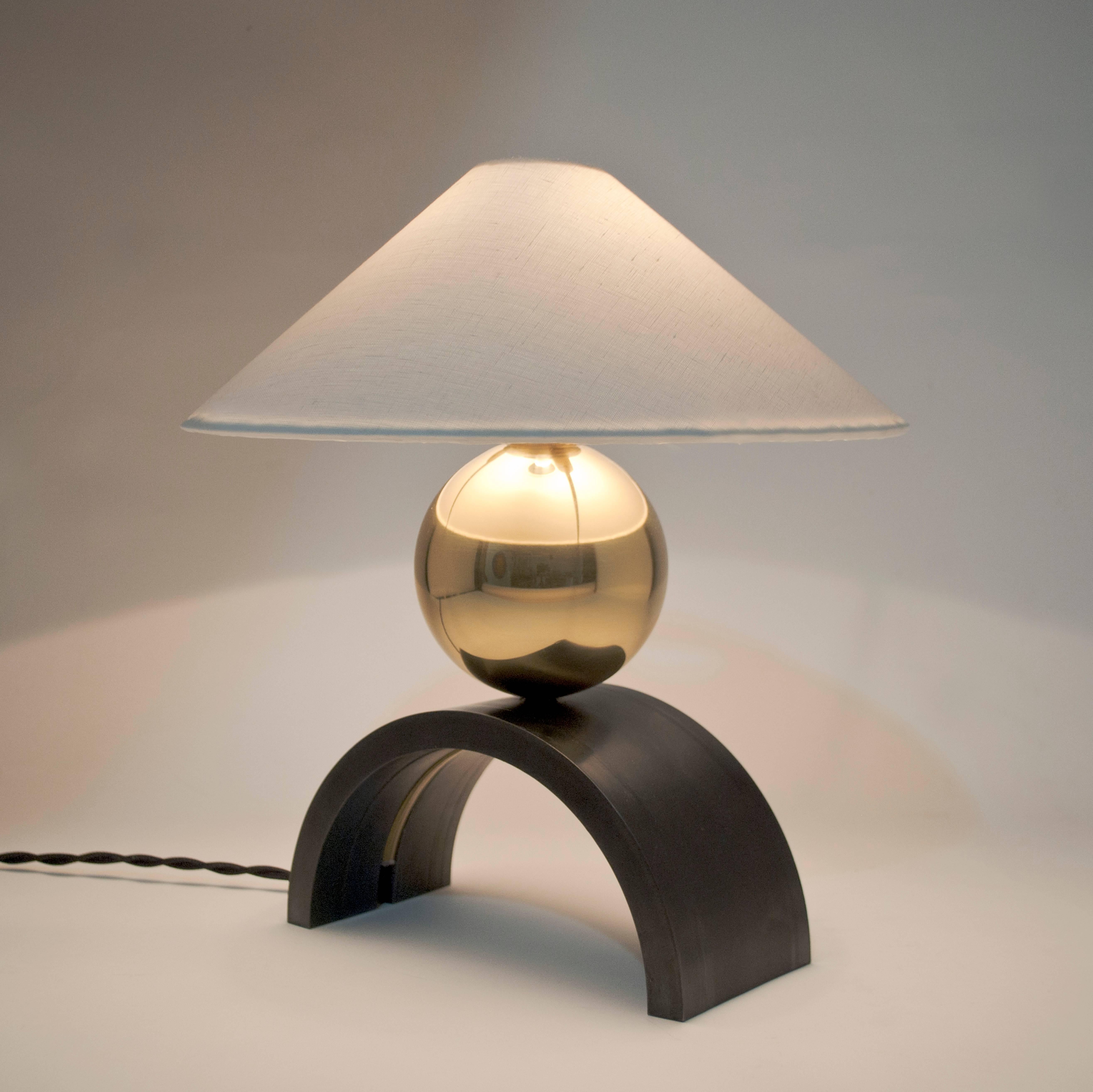 Patinated Contemporary U Lamp with Geometric Arched Steel, Brass Sphere and Linen Shade For Sale