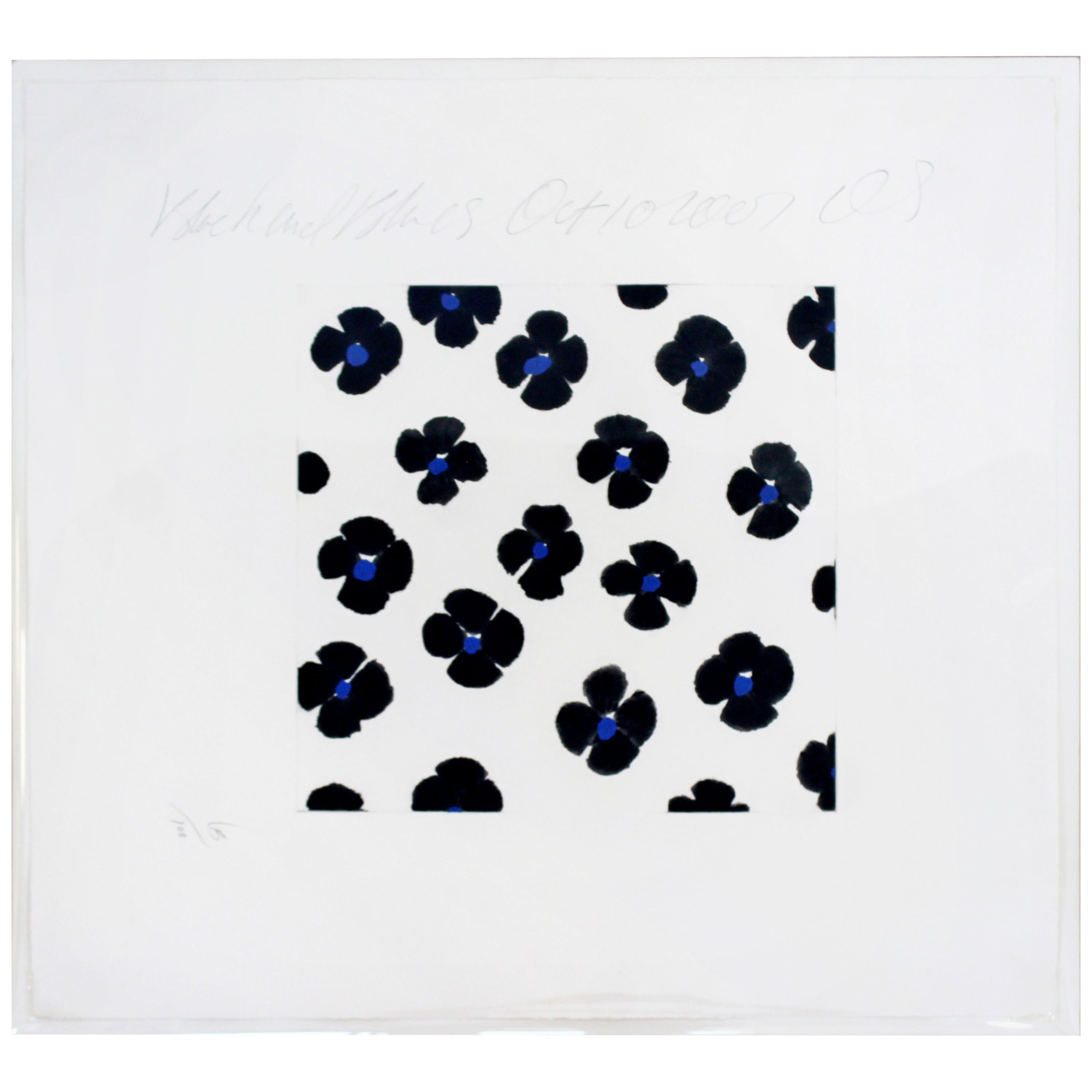 Contemporary Unframed Signed Donald Sultan Aquatint Black Blue Flowers, 2008