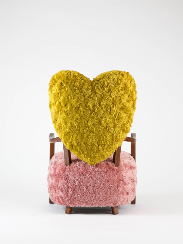Turkish Contemporary Uni Armchair with Heart Shaped Back and Pink and Yellow Mohair For Sale