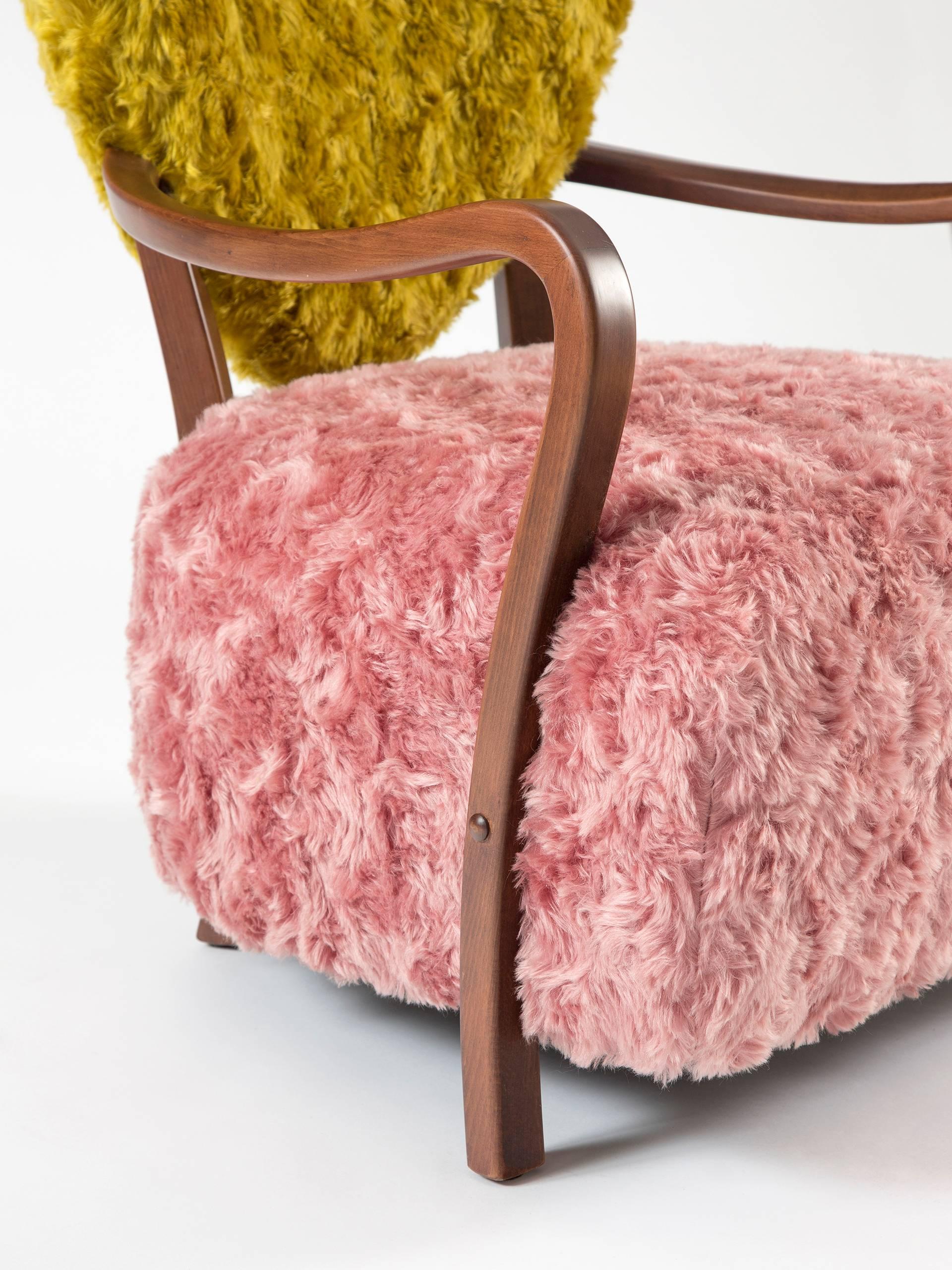 Arts and Crafts Contemporary Uni Armchair with Heart Shaped Back and Pink and Yellow Mohair For Sale