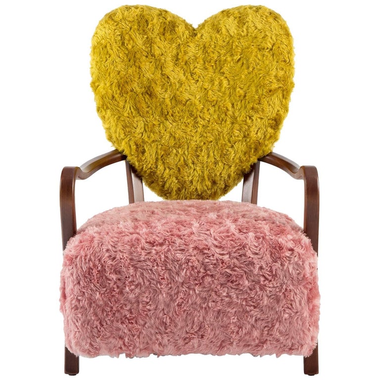 Contemporary Uni Armchair with Heart Shaped Back and Pink and Yellow Mohair For Sale