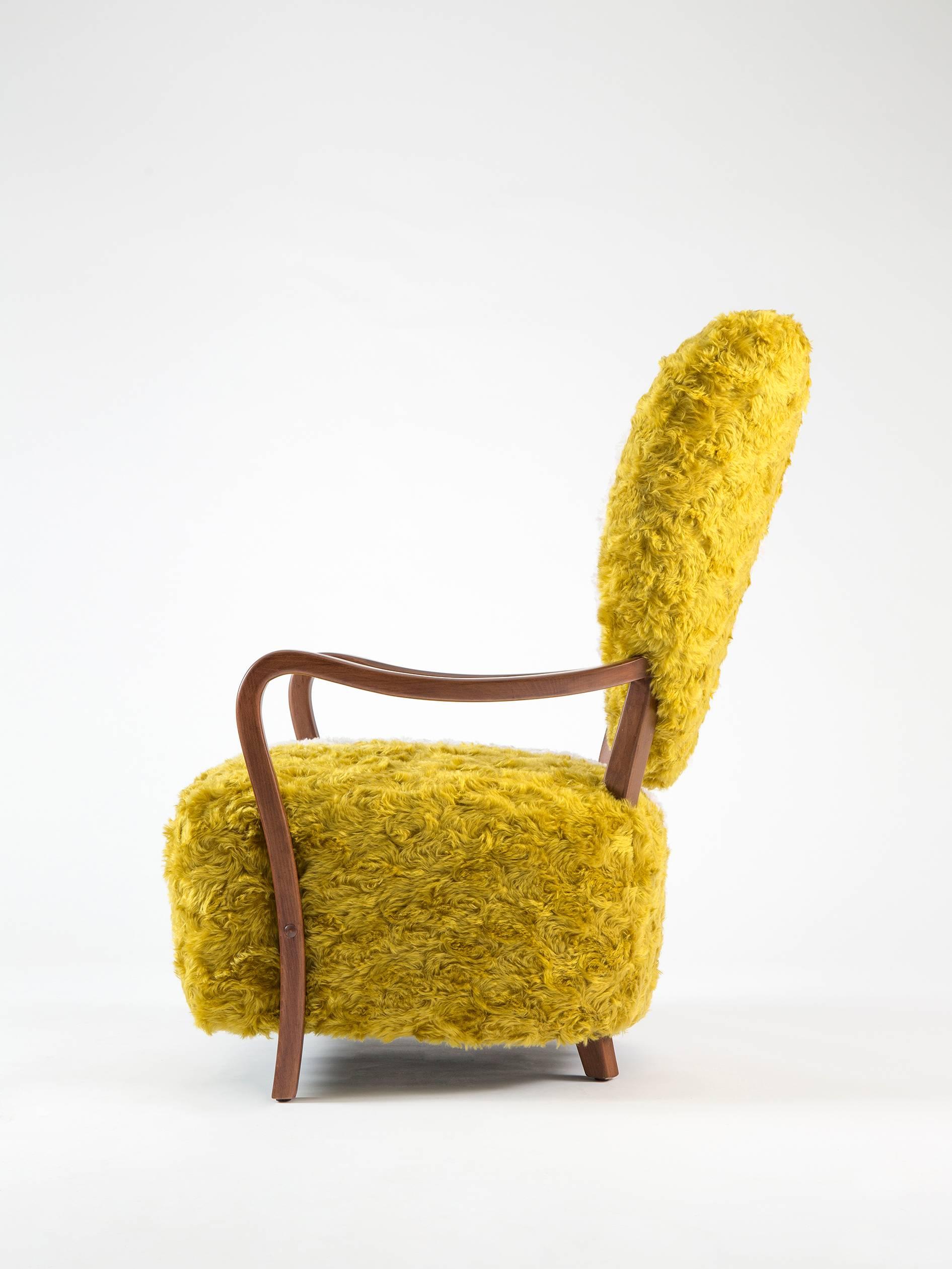 Arts and Crafts Contemporary Uni Armchair with Heart Shaped Back and Yellow and White Mohair For Sale
