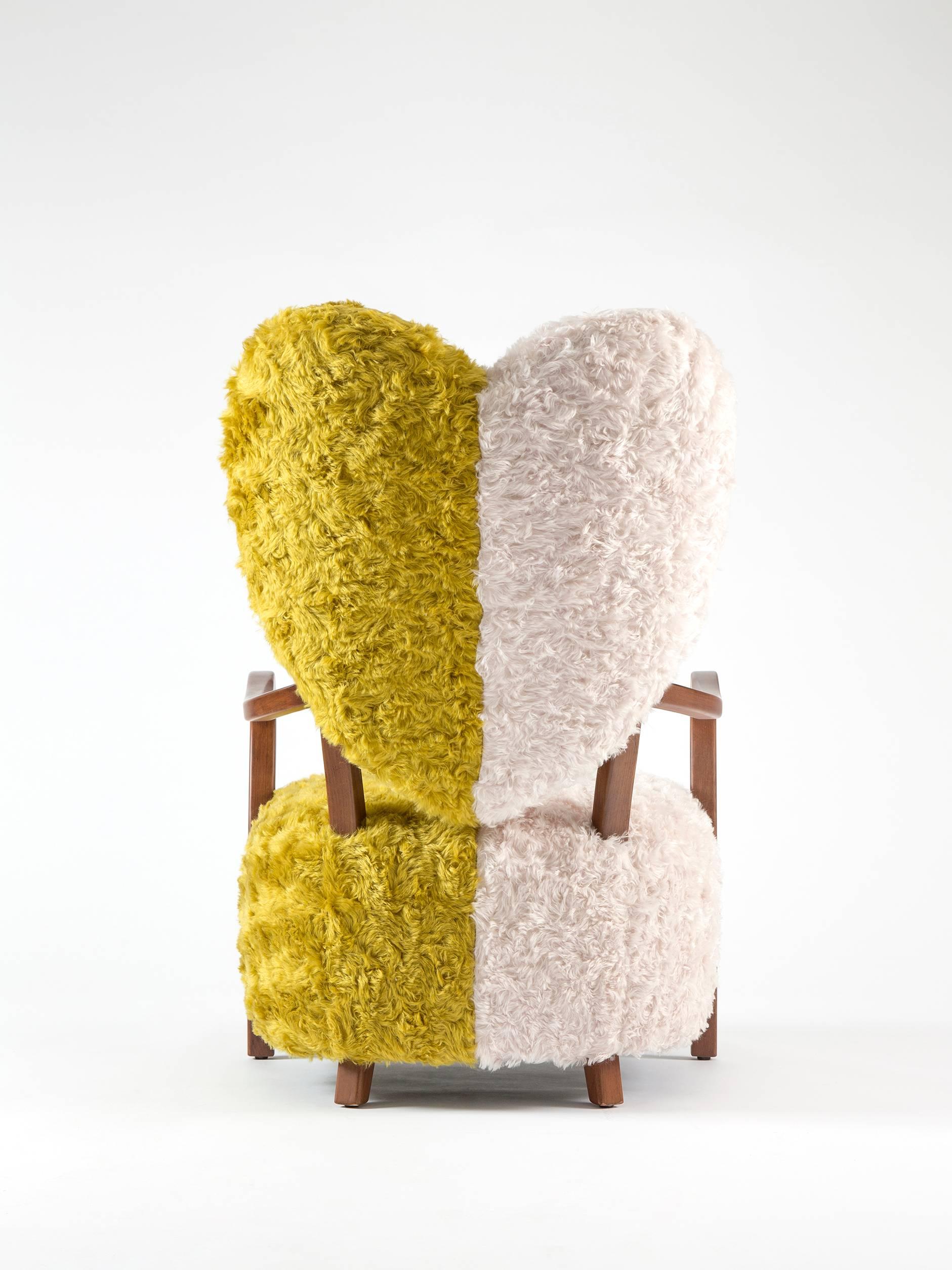 Turkish Contemporary Uni Armchair with Heart Shaped Back and Yellow and White Mohair For Sale
