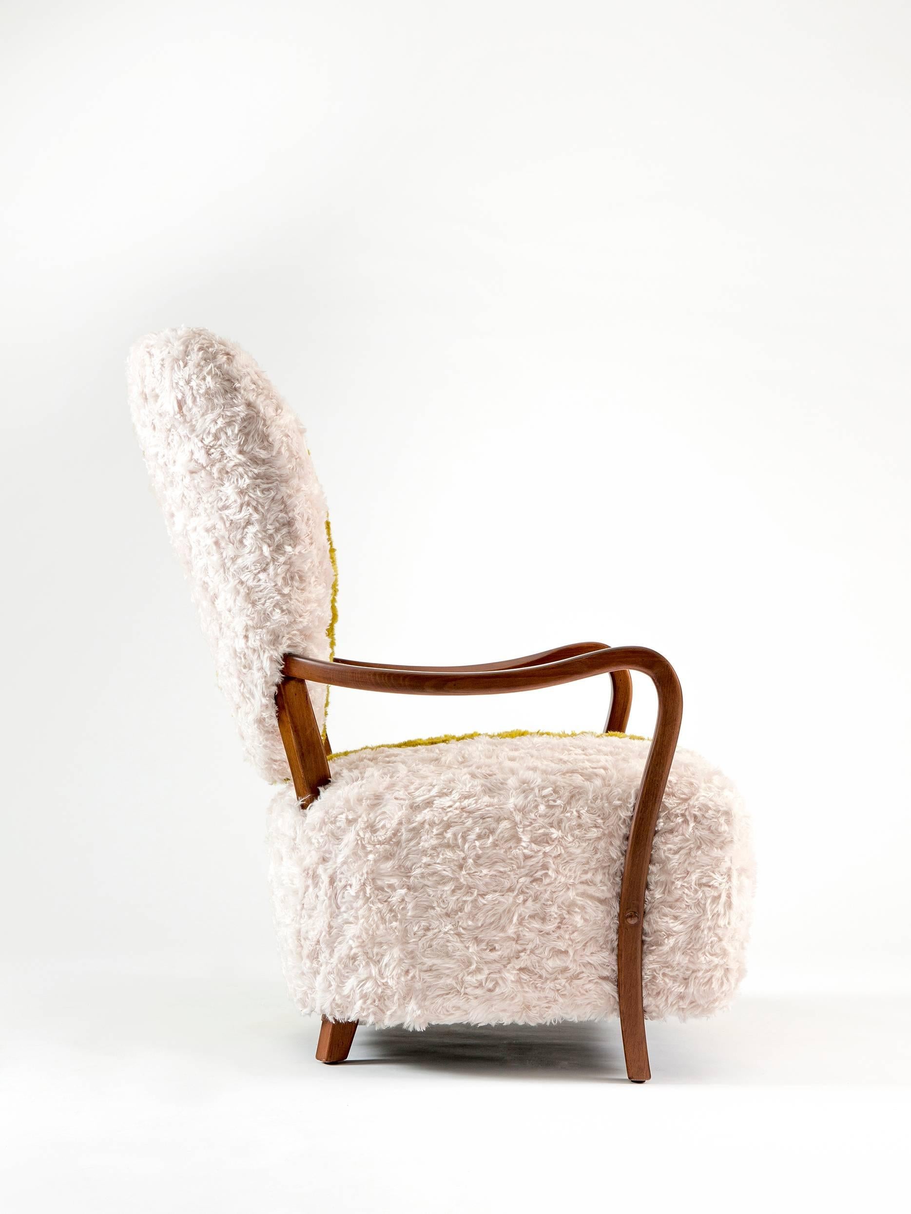 Hand-Crafted Contemporary Uni Armchair with Heart Shaped Back and Yellow and White Mohair For Sale