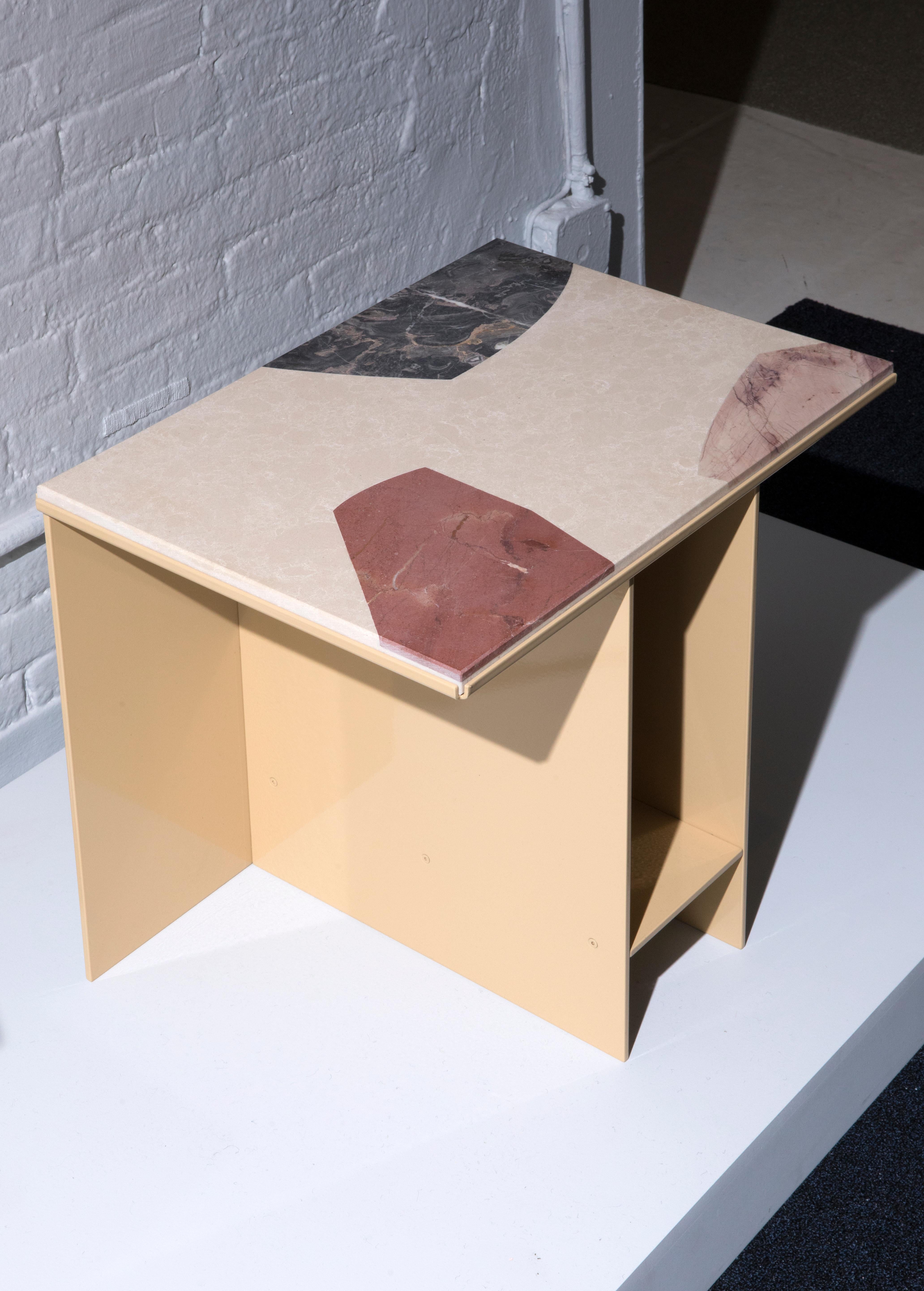 Modern Contemporary Uniform Aluminium Side Table Sand Yellow and Cut-Out Marble Inlay For Sale