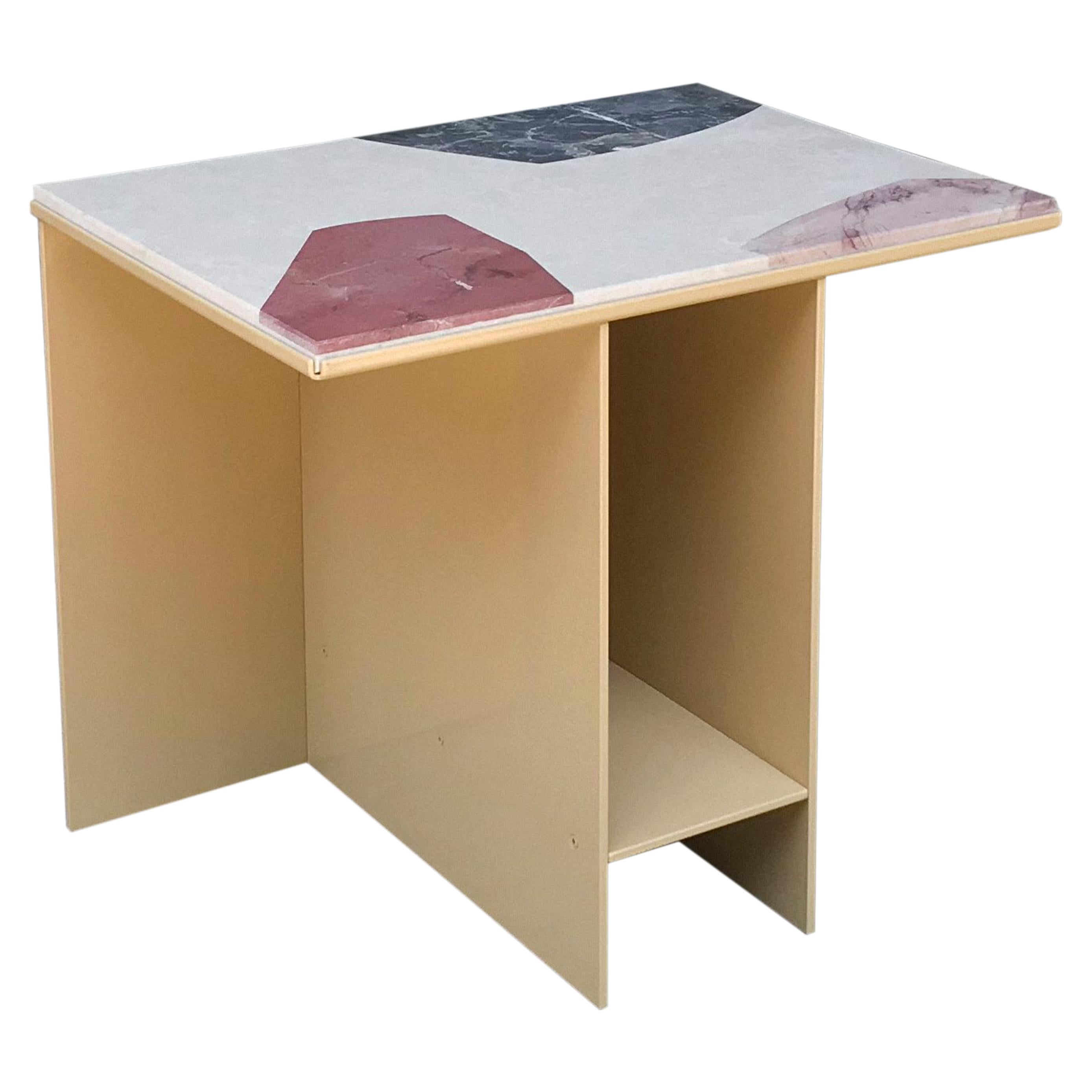 Contemporary Uniform Aluminium Side Table Sand Yellow and Cut-Out Marble Inlay