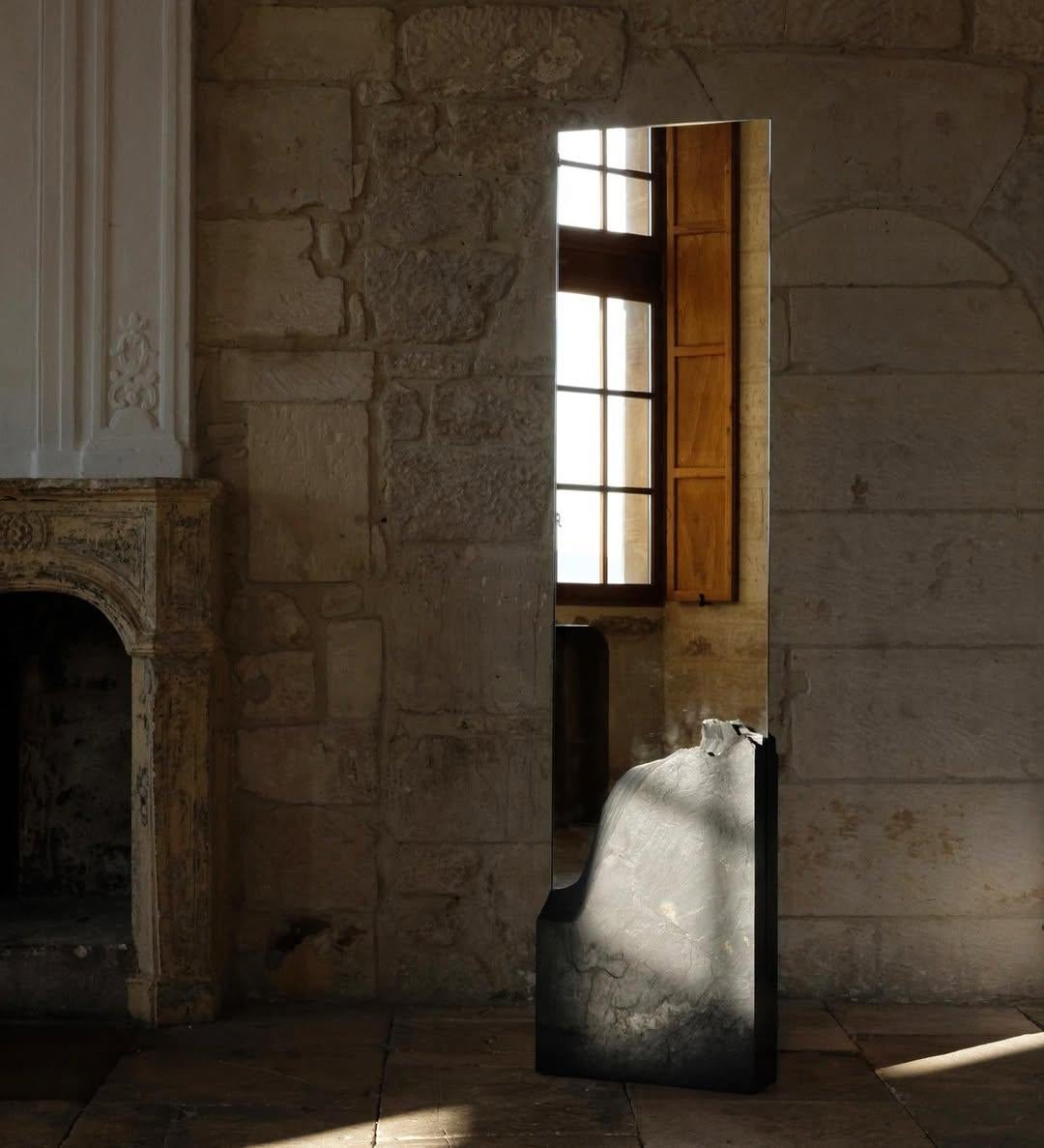 Contemporary Unique Black Slate Sculpted Silver Mirror by Frederic Saulou For Sale 9