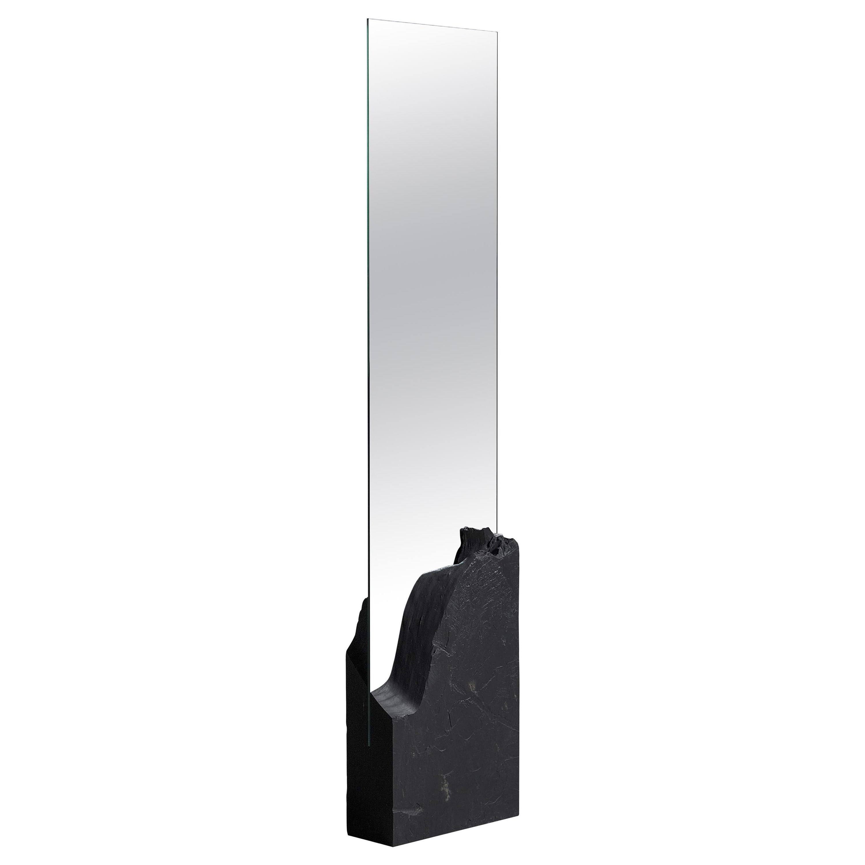 Contemporary Unique Black Slate Sculpted Silver Mirror by Frederic Saulou