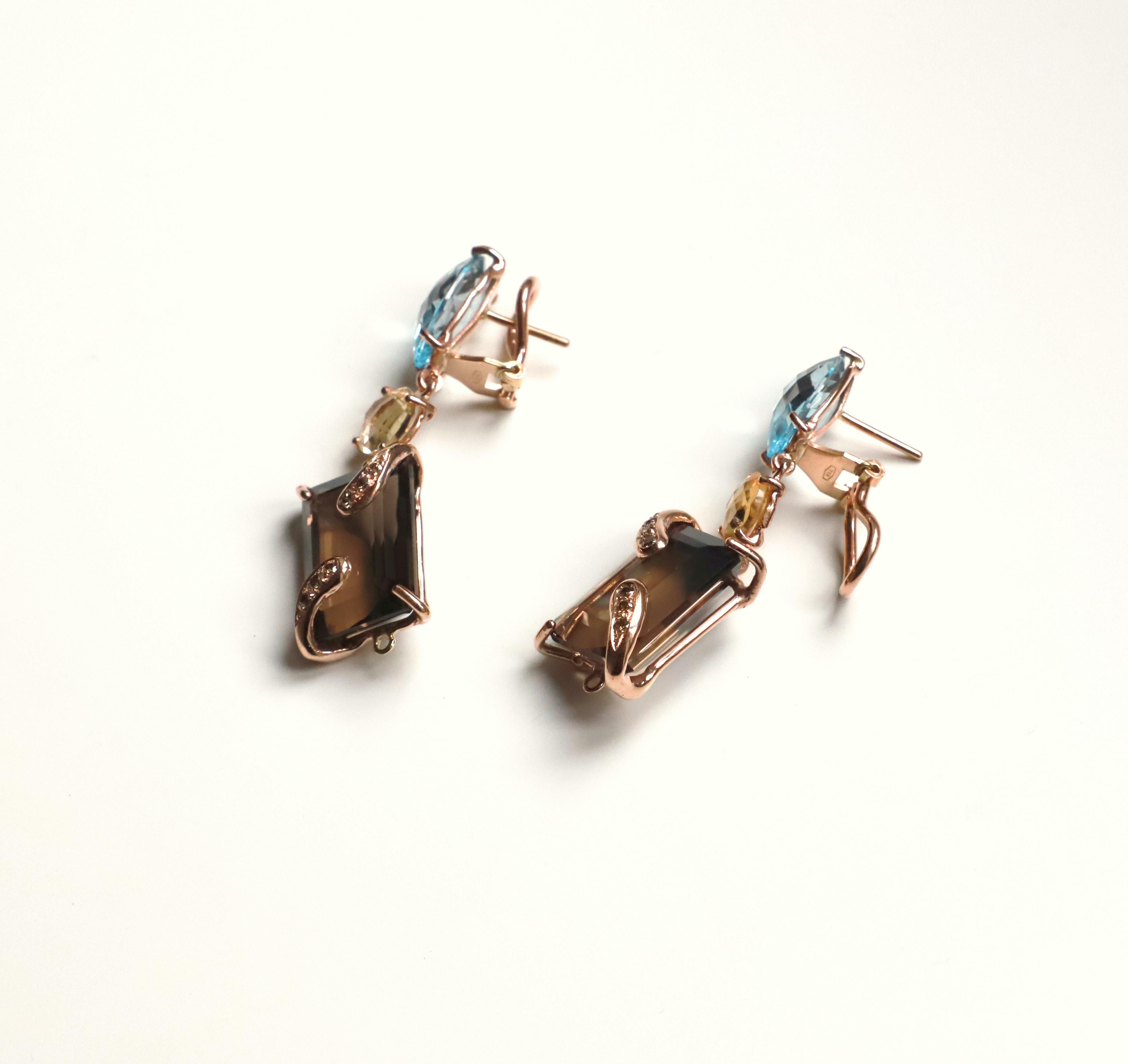 Contemporary 18 Karats Rose Gold Square Cut Citrine Brown Diamonds Topaz Dangle Earrings For Sale