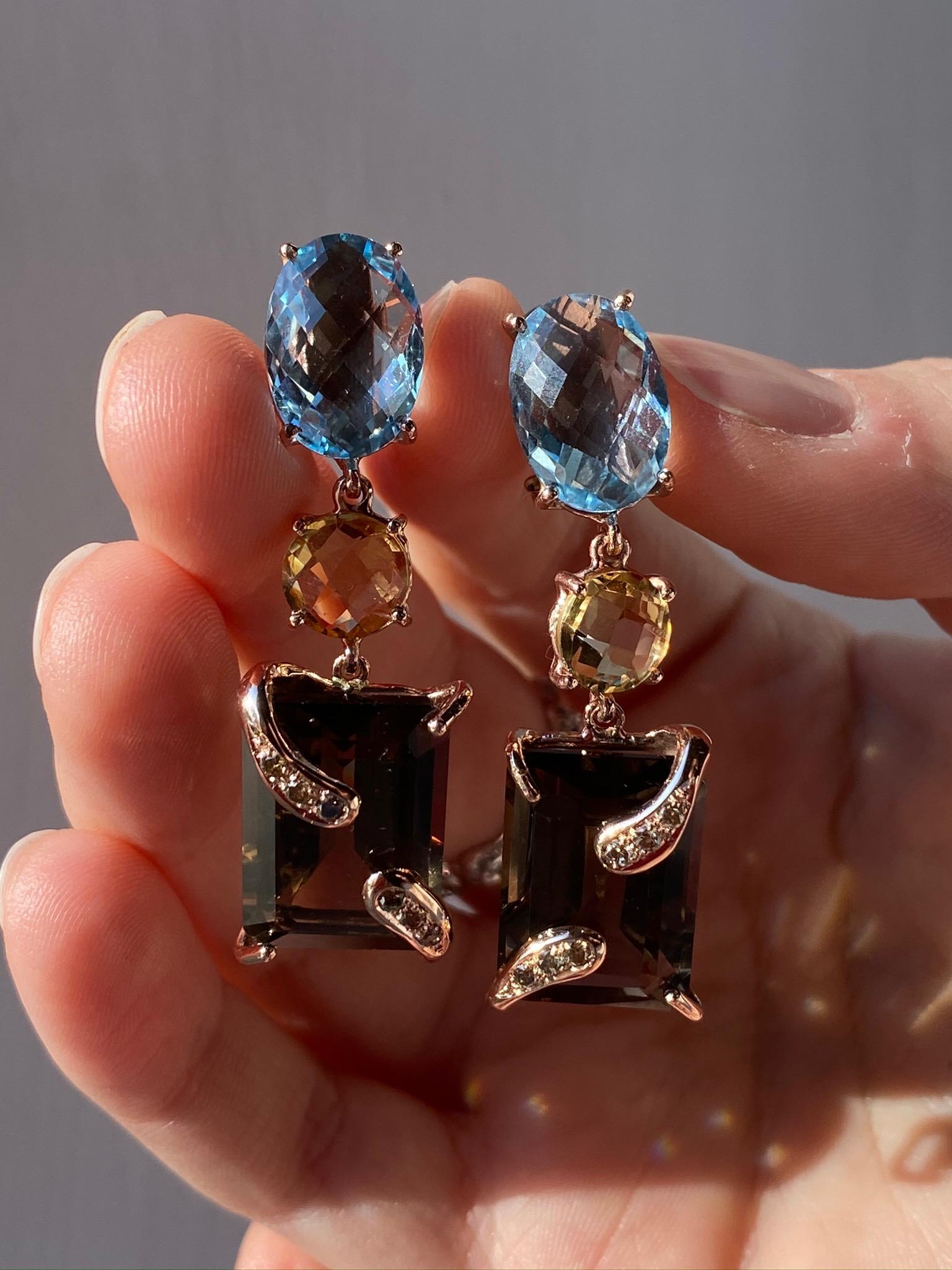18 Karats Rose Gold Square Cut Citrine Brown Diamonds Topaz Dangle Earrings For Sale 1