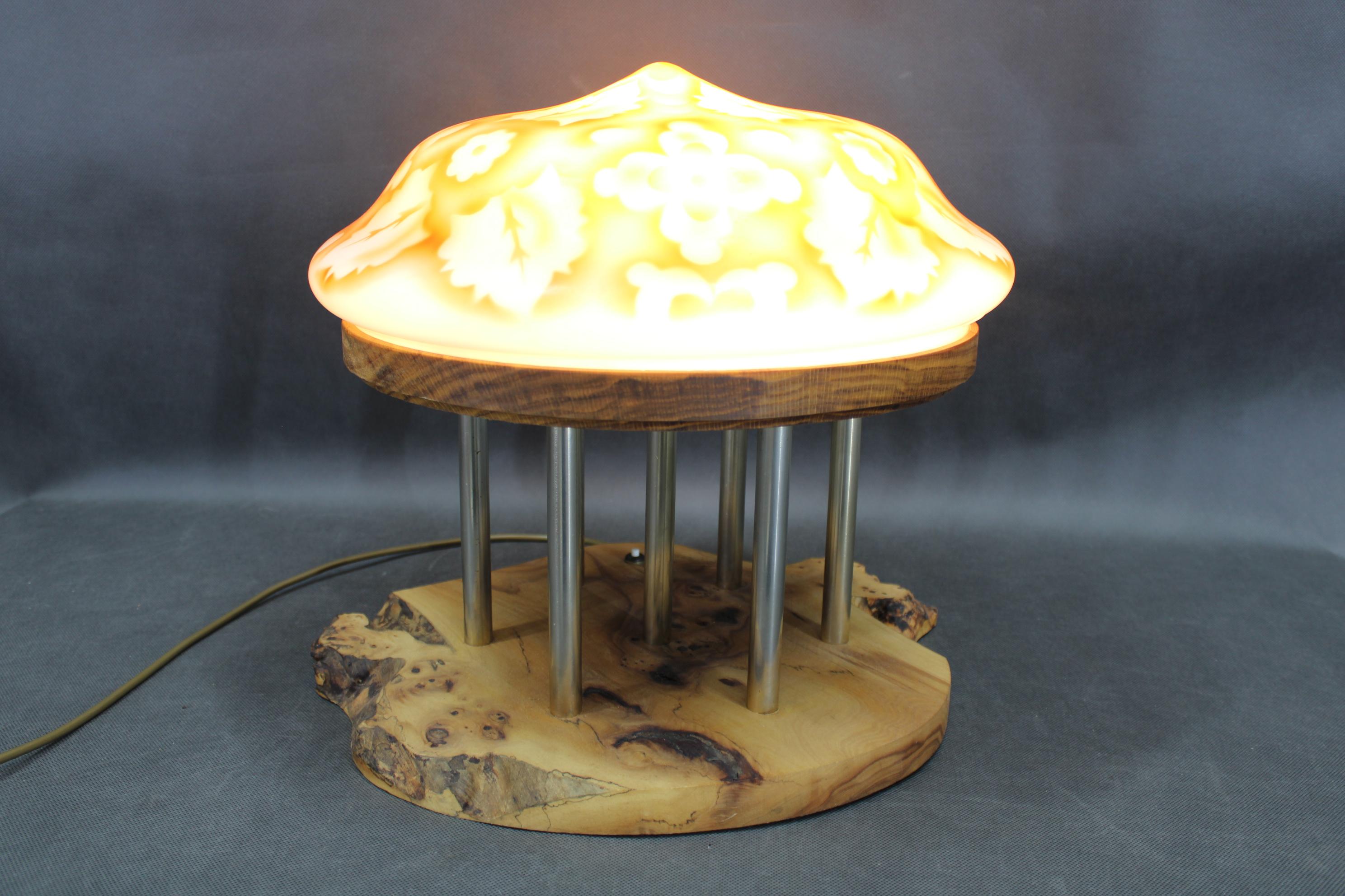 Contemporary Unique Wooden Table Lamp with Glass Shade For Sale 8