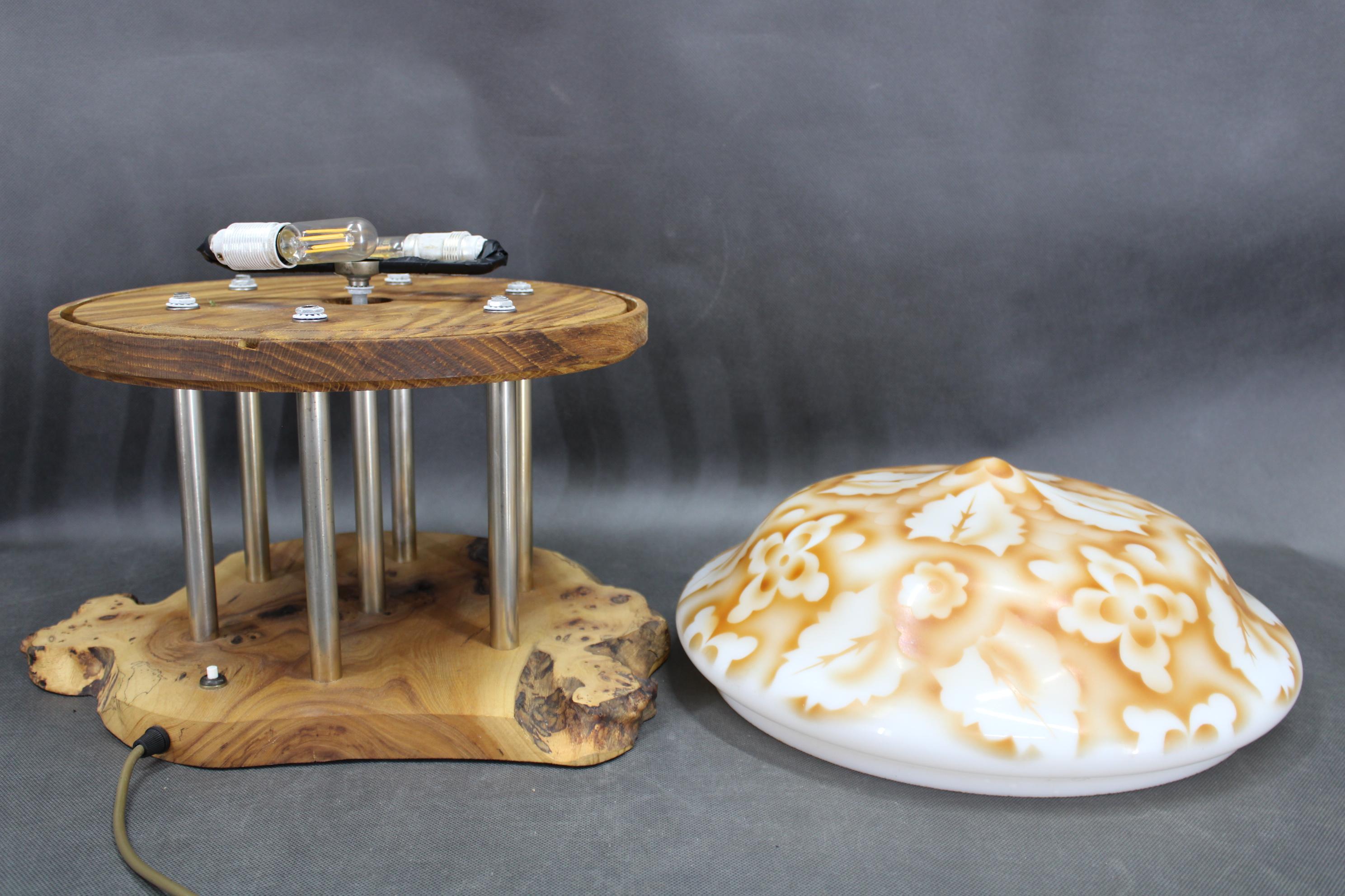 Czech Contemporary Unique Wooden Table Lamp with Glass Shade For Sale