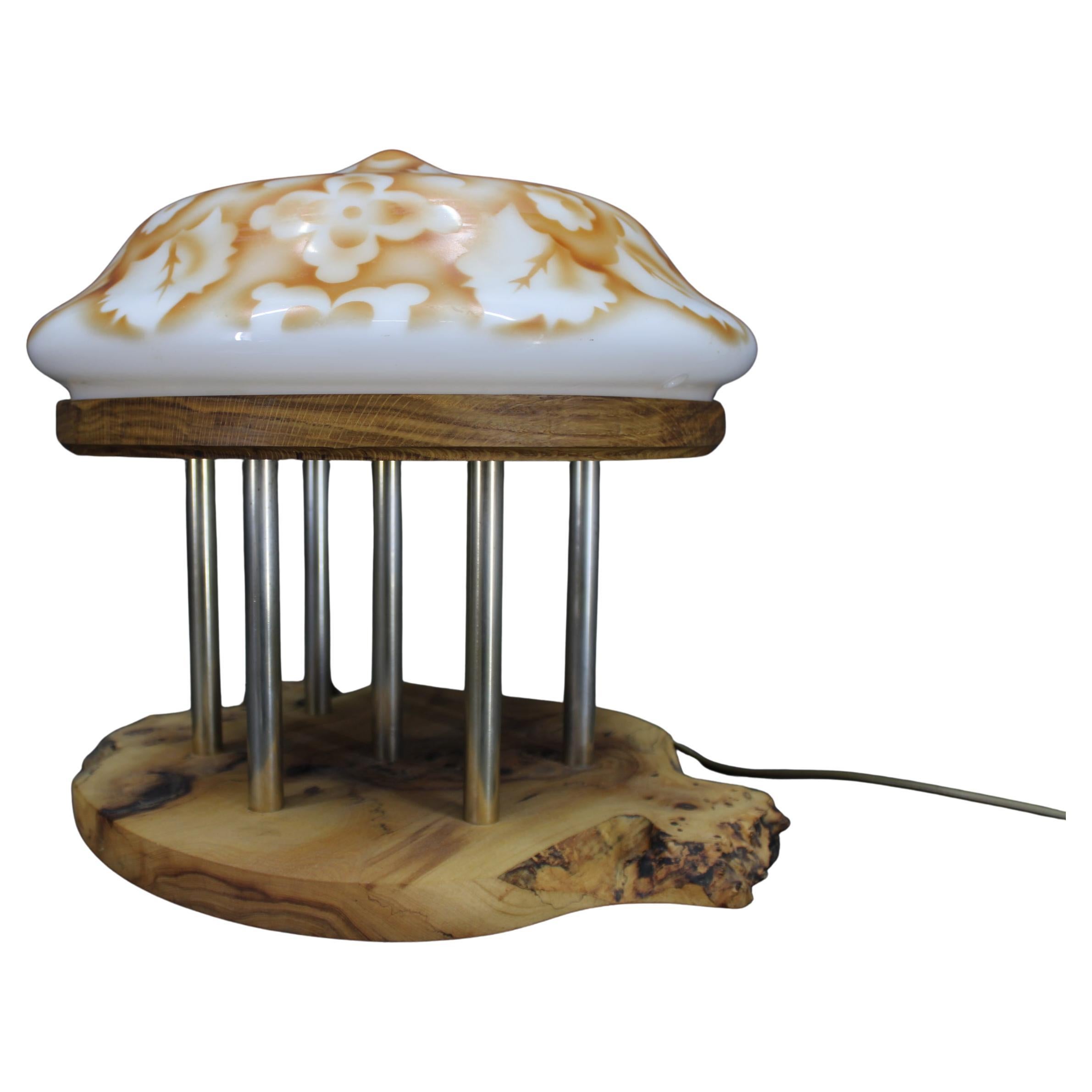 Contemporary Unique Wooden Table Lamp with Glass Shade For Sale