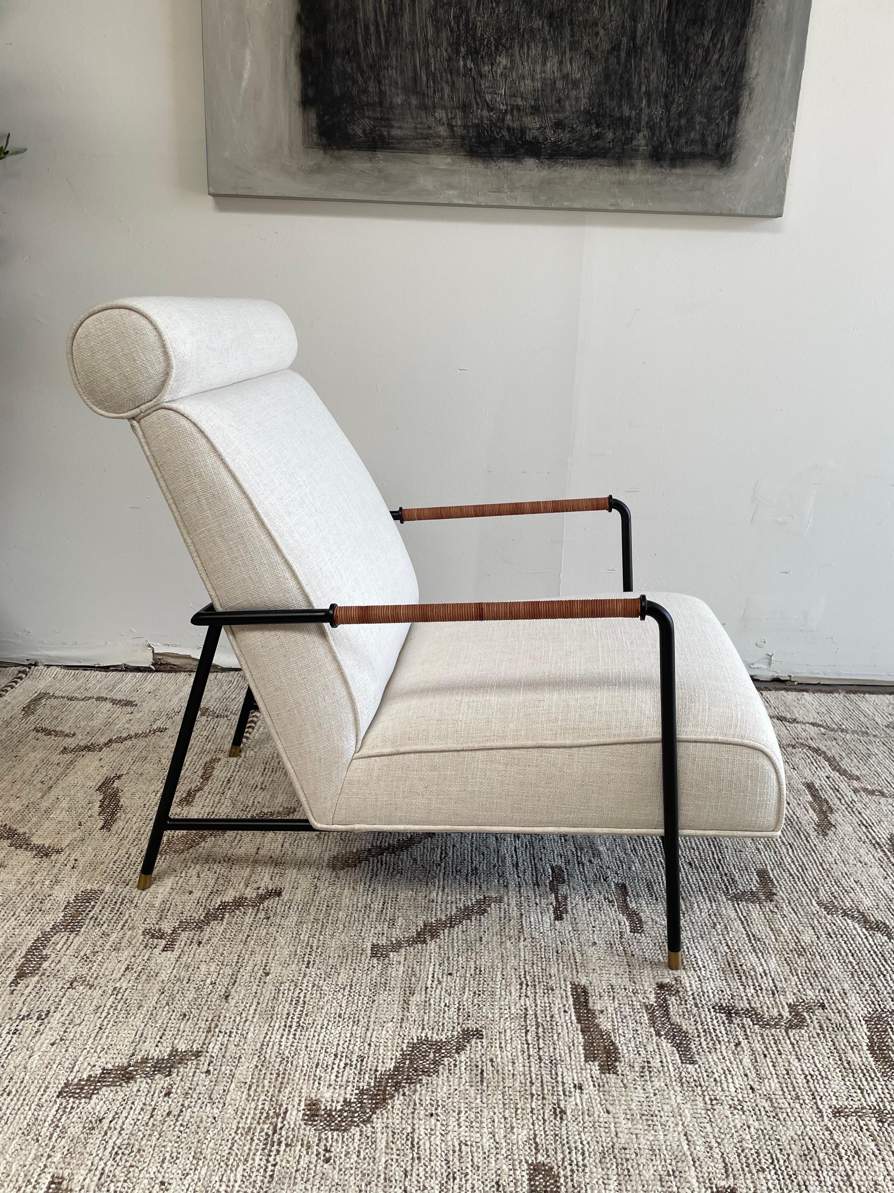 Contemporary Upholstered and Metal Lounge Chair with Leather Rope Arms In New Condition In Brea, CA