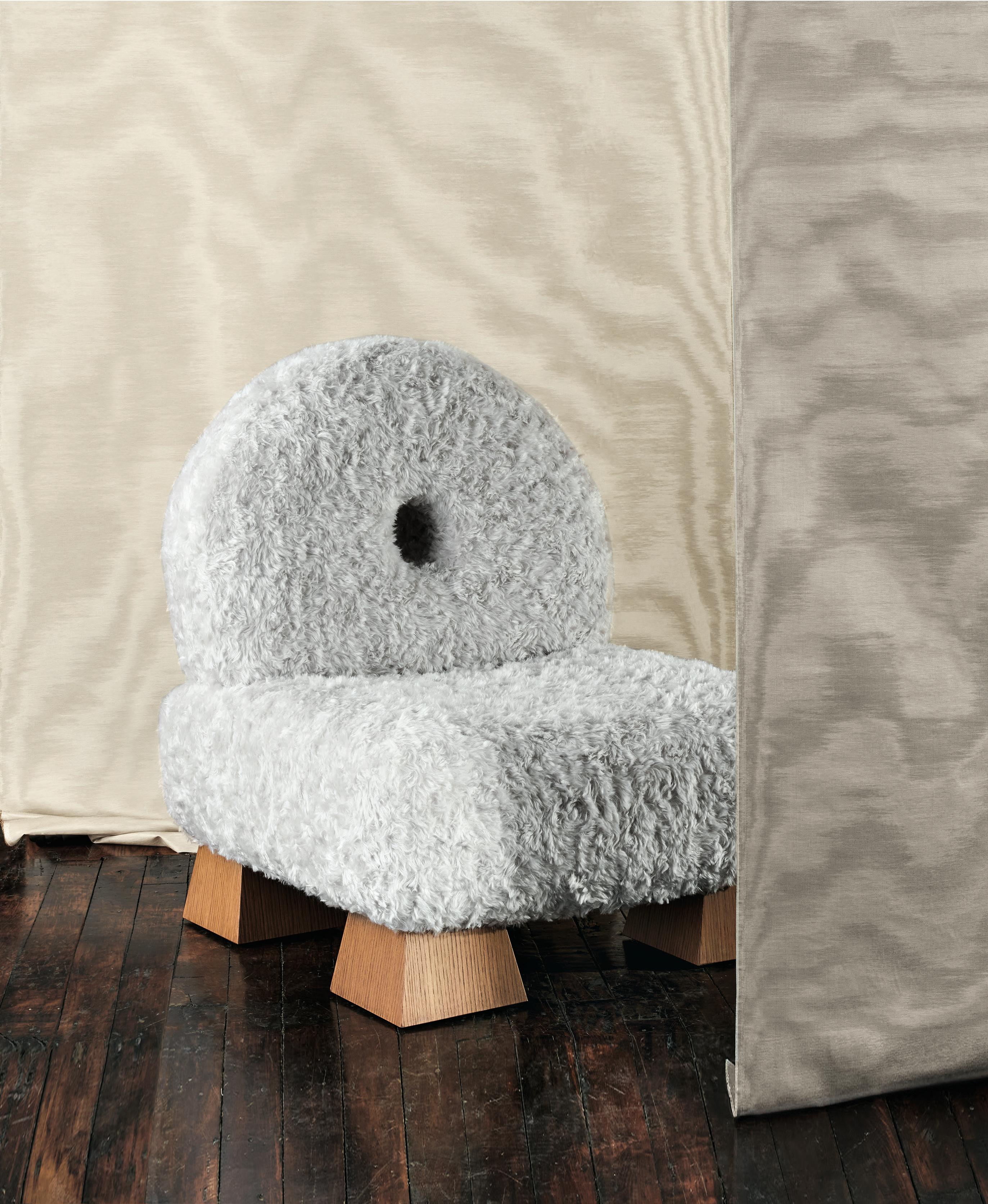 Oversize Asterisk chair
Upholstered in Raf Simmons Mohair
Legs are oak veneered 

Made in Queens, NY.