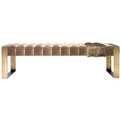 Contemporary Upholstered Bench, Blush Velvet/ Bronze Base